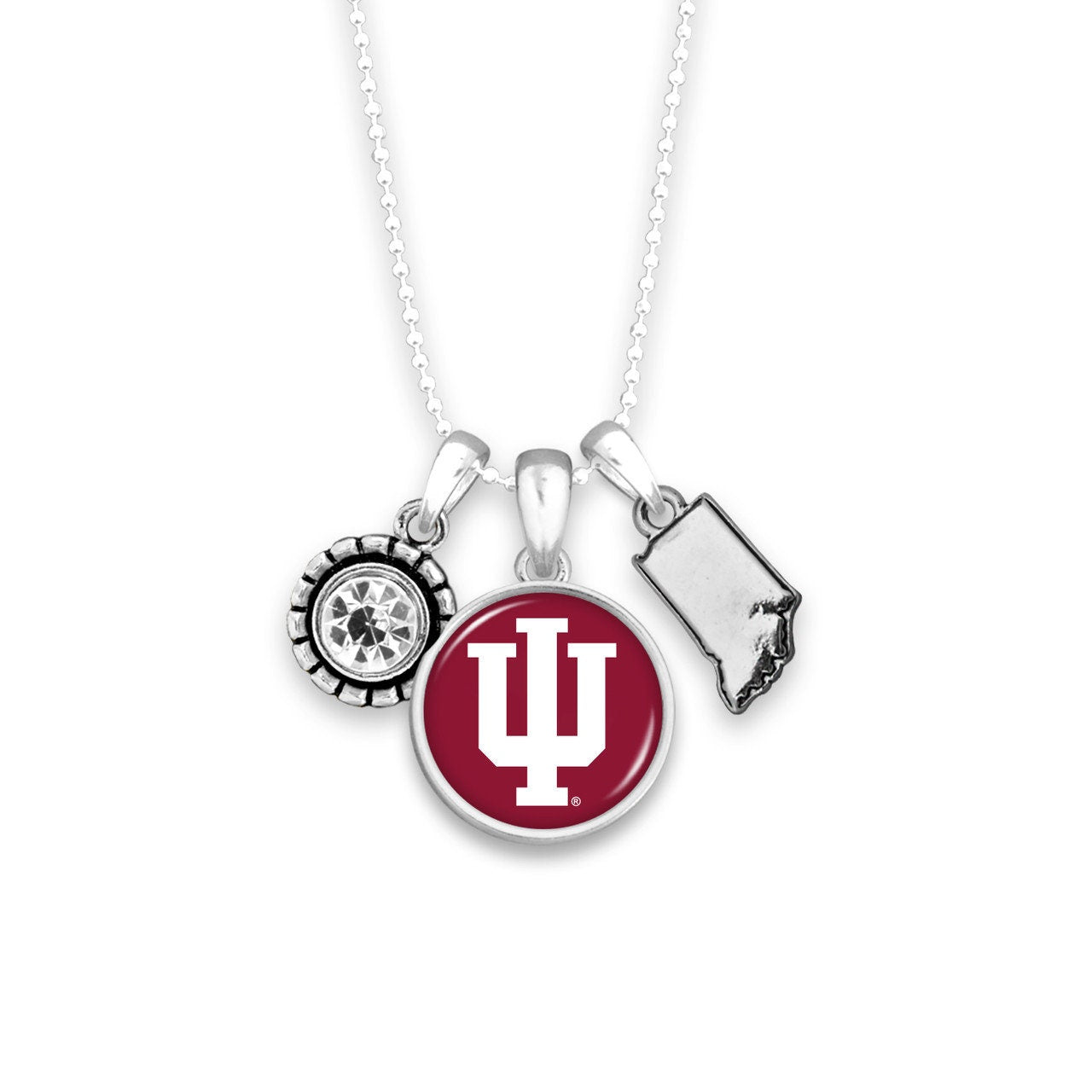Officially Licensed INDIANA HOOSIERS Necklace - Triple Charm Necklace with Crystal Indiana State Pewter Charms Sterling Plated