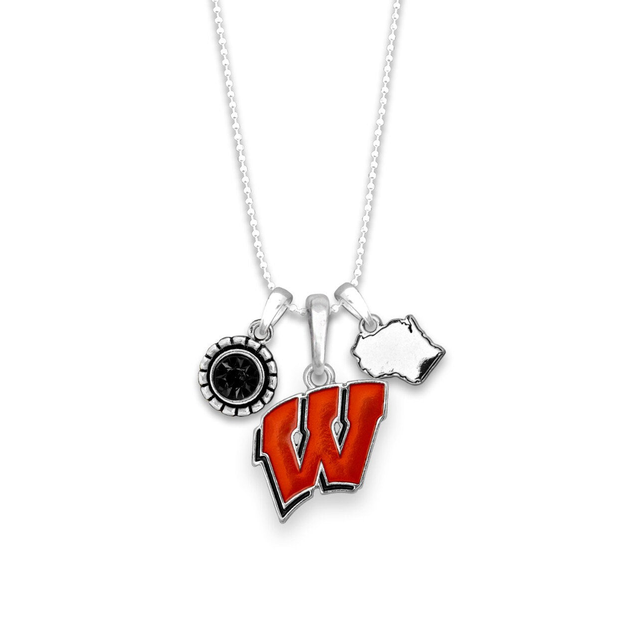 Officially Licensed WISCONSIN BADGERS Necklace - Triple Charm Necklace with Crystal Wisconsin State Pewter Charms Sterling Plated