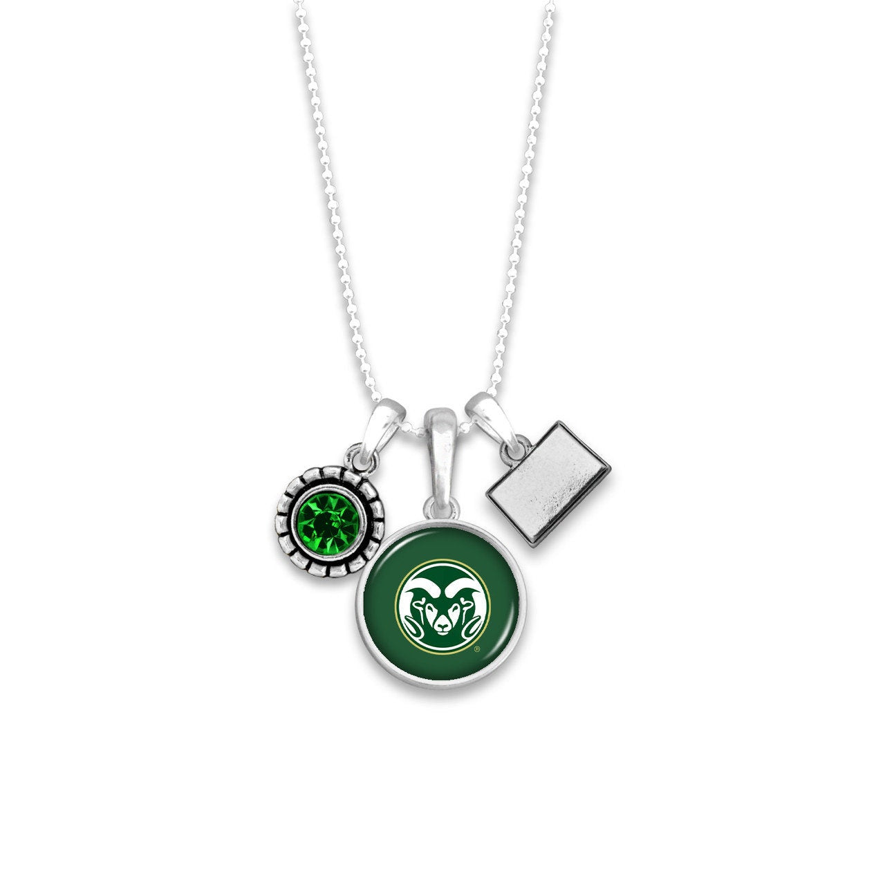 Officially Licensed COLORADO STATE RAMS Necklace - Triple Charm Necklace with Crystal Colorado State Pewter Charms Sterling Plated
