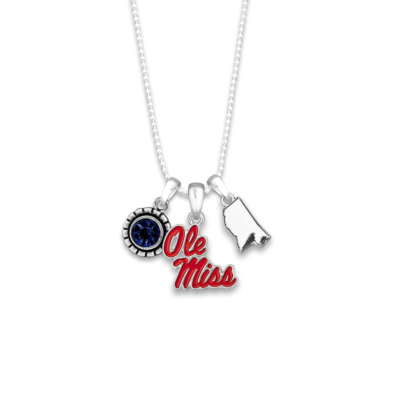 Officially Licensed OLE MISS REBELS Necklace - Triple Charm Necklace with Crystal Mississippi State Pewter Charms Sterling Plated