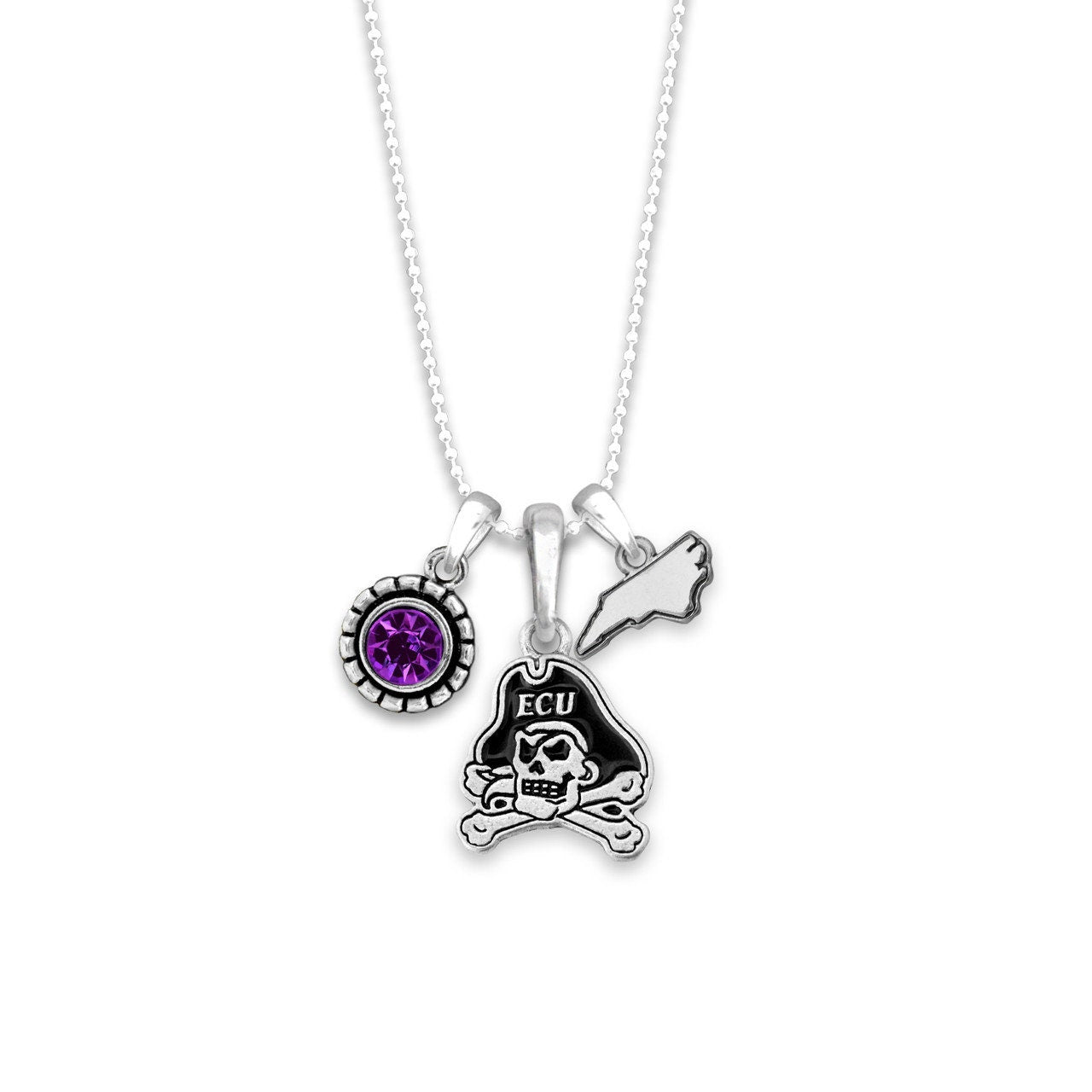 Officially Licensed EAST CAROLINA PIRATES Necklace - Triple Charm Necklace with Crystal North Carolina State Pewter Charms Sterling Plated