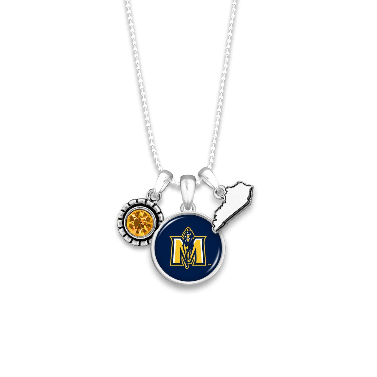 Officially Licensed MURRAY STATE RACERS Necklace - Triple Charm Necklace with Crystal Kentucky State Pewter Charms Sterling Plated
