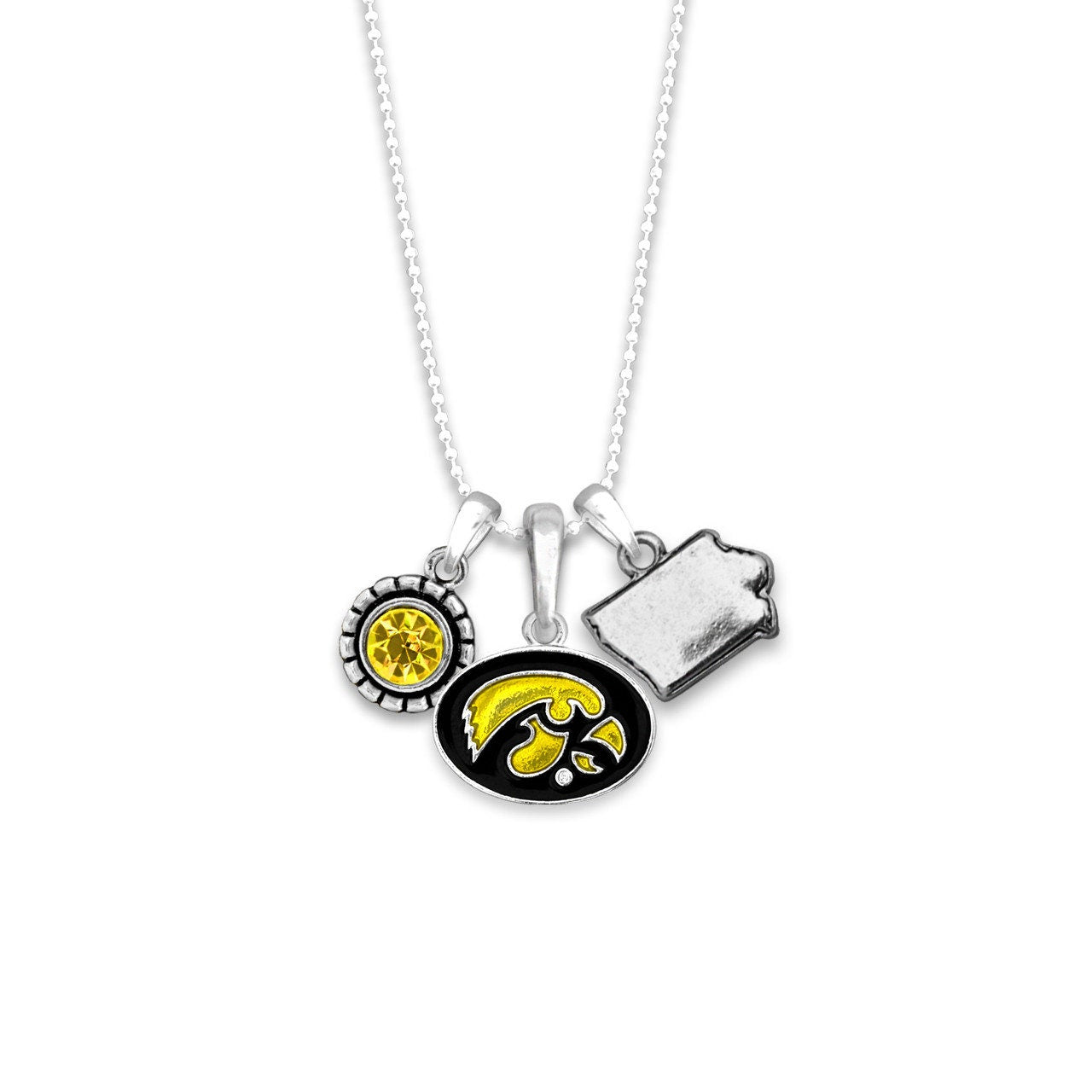 Officially Licensed IOWA HAWKEYES Necklace - Triple Charm Necklace with Crystal Iowa State Pewter Charms Sterling Plated