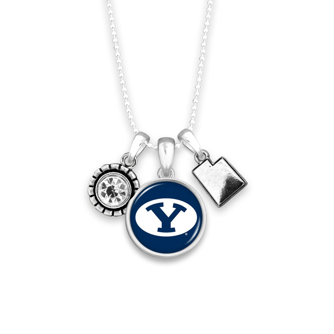 Officially Licensed BRINGHAM YOUNG BYU Cougars Necklace - Triple Charm Necklace with Crystal Utah State Pewter Charms Sterling Plated