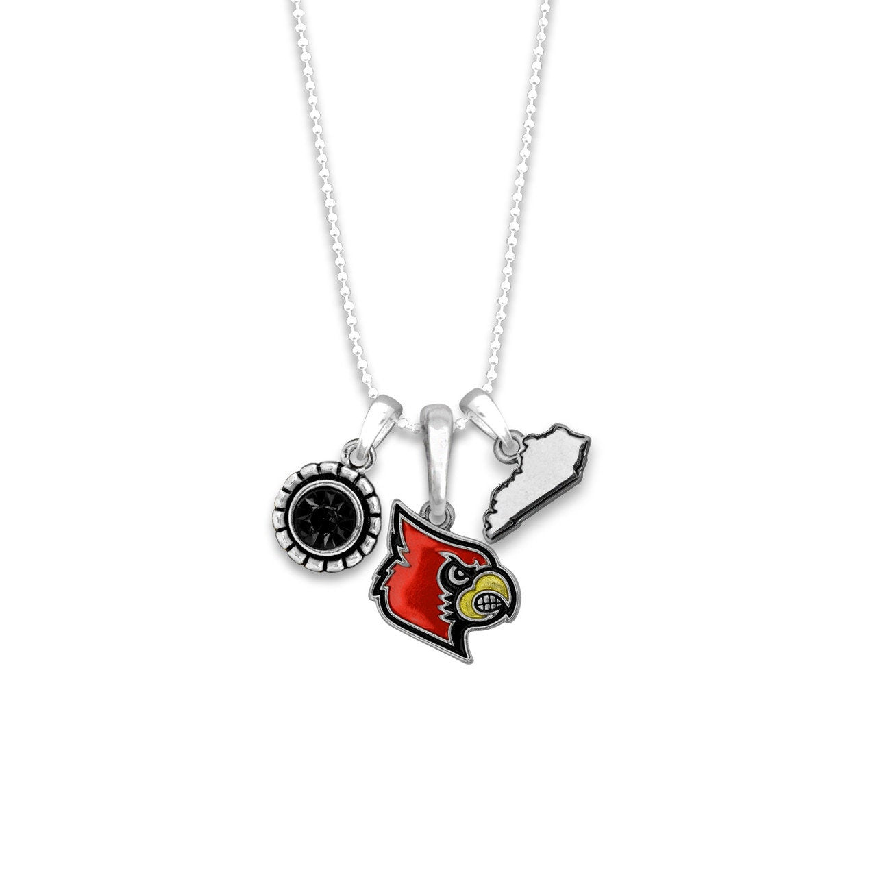 Officially Licensed LOUISVILLE CARDINALS Necklace - Triple Charm Necklace with Crystal Kentucky State Pewter Charms Sterling Plated