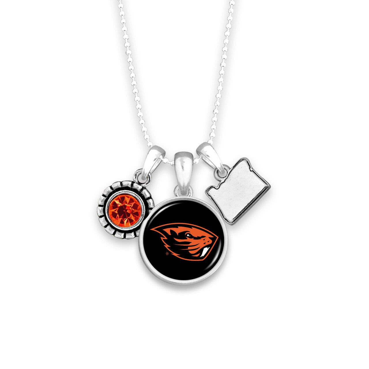 Officially Licensed OREGON STATE BEAVERS Necklace - Triple Charm Necklace with Crystal Oregon State Pewter Charms Sterling Plated