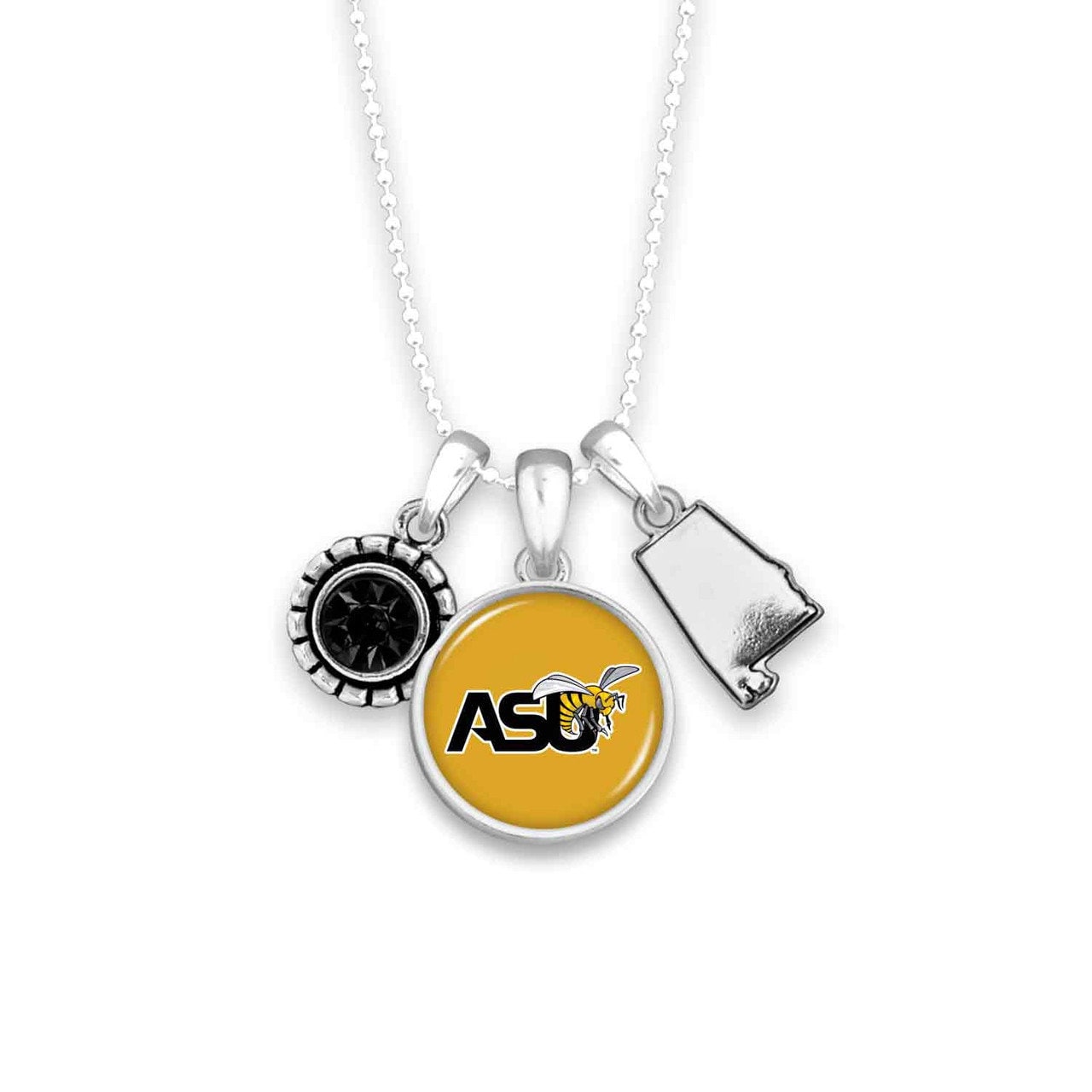 Officially Licensed ALABAMA STATE HORNETS Necklace - Triple Charm Necklace with Crystal Alabama State Pewter Charms Sterling Plated