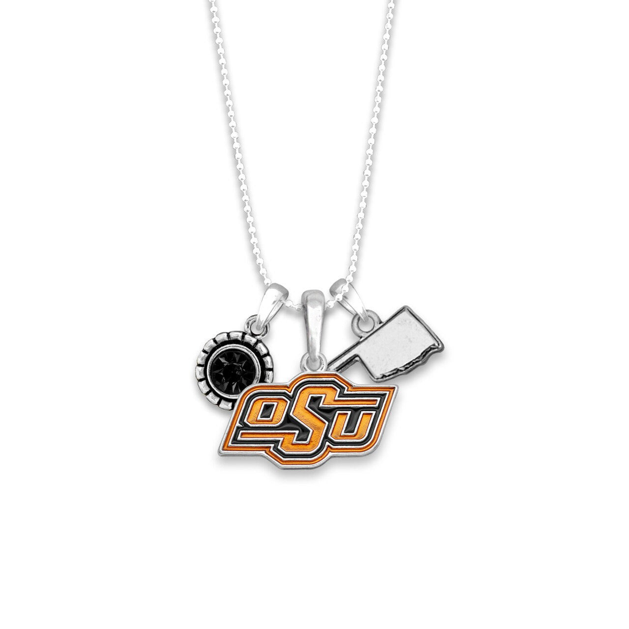 Officially Licensed OKLAHOMA STATE COWBOYS Necklace - Triple Charm Necklace with Crystal Oklahoma State Pewter Charms Sterling Plated