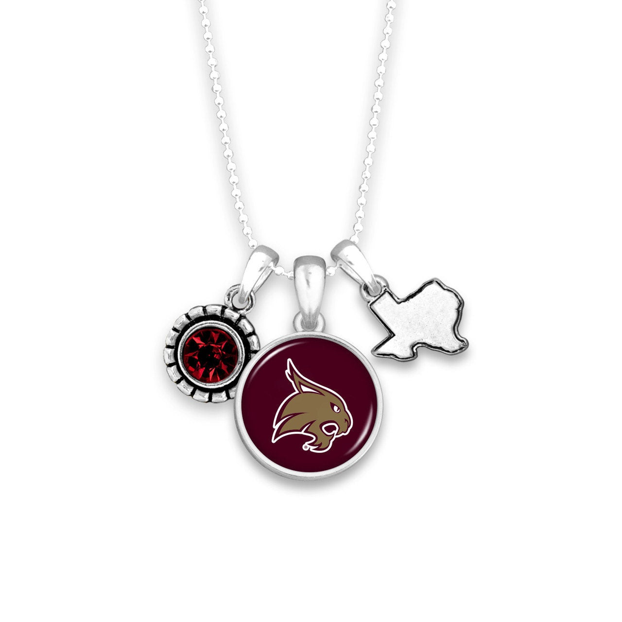 Officially Licensed TEXAS STATE BOBCATS Necklace - Triple Charm Necklace with Crystal Texas State Pewter Charms Sterling Plated