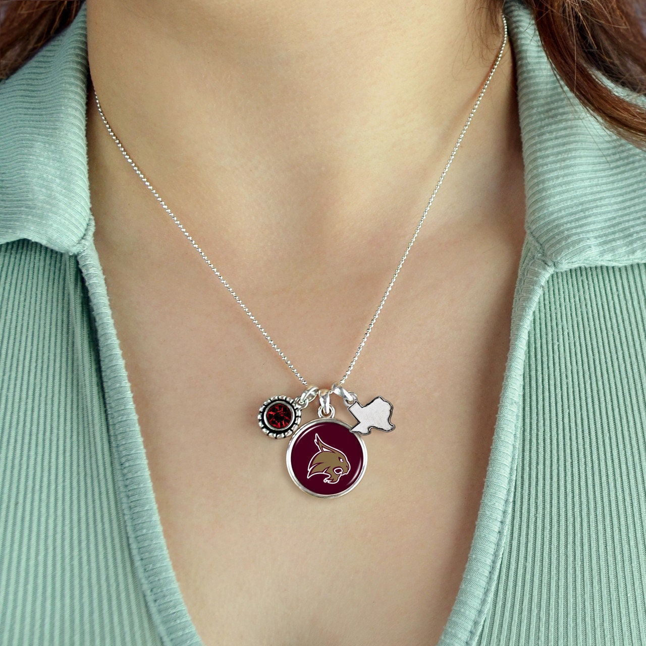 Officially Licensed TEXAS STATE BOBCATS Necklace - Triple Charm Necklace with Crystal Texas State Pewter Charms Sterling Plated