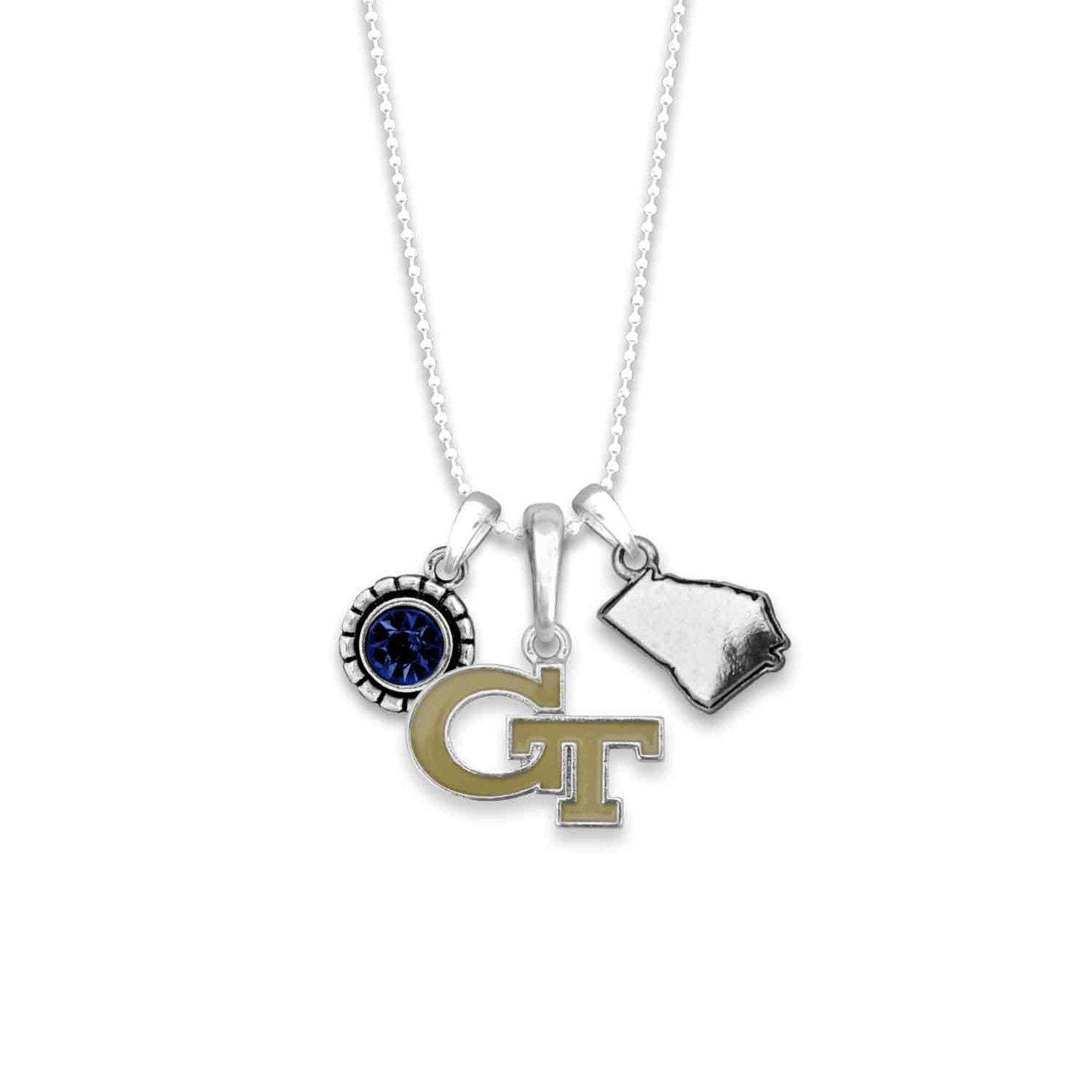 Officially Licensed GEORGIA TECH Yellow Jackets Necklace - Triple Charm Necklace with Crystal Georgia State Pewter Charms Sterling Plated