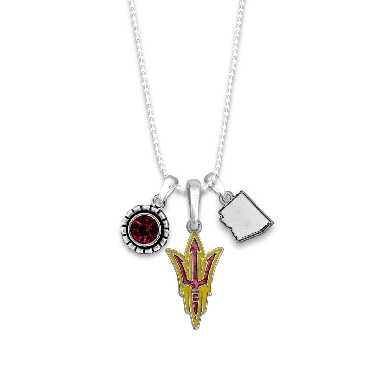 Officially Licensed ARIZONA STATE Sun Devils Necklace - Triple Charm Necklace with Crystal Arizona State Pewter Charms Sterling Plated