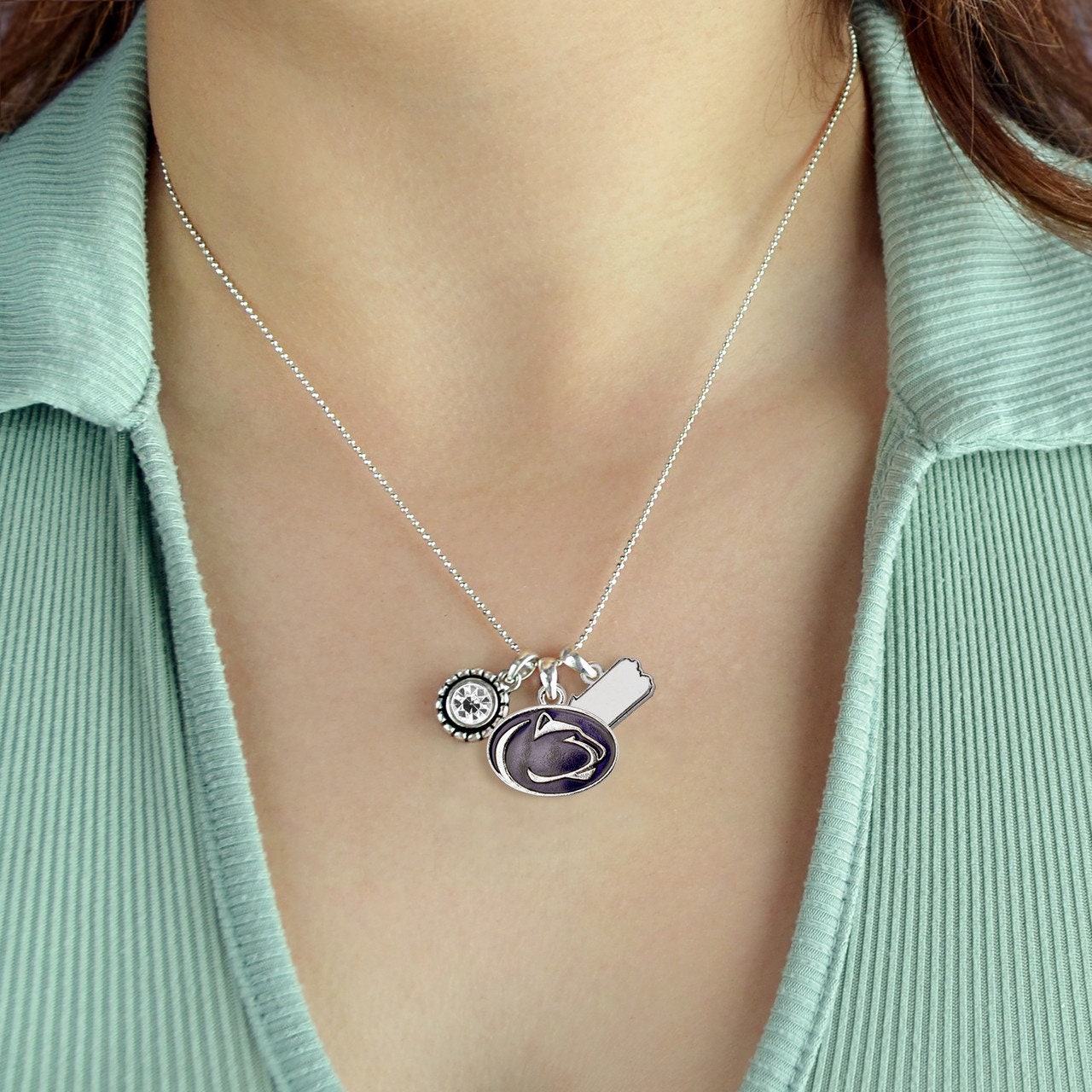 Officially Licensed PENN STATE Nittany Lions Necklace - Triple Charm Necklace with Crystal Pennsylvania State Pewter Charms Sterling Plated