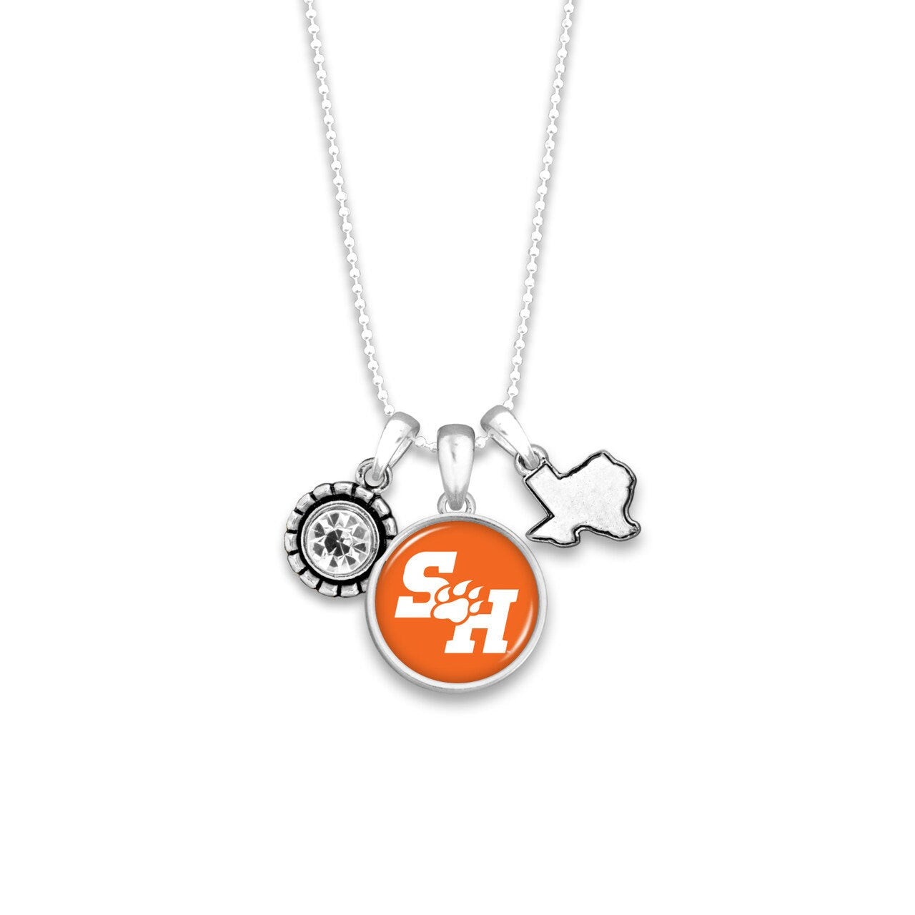 Officially Licensed SAM HOUSTON BEARKATS Necklace - Triple Charm Necklace with Crystal Texas State Pewter Charms Sterling Plated