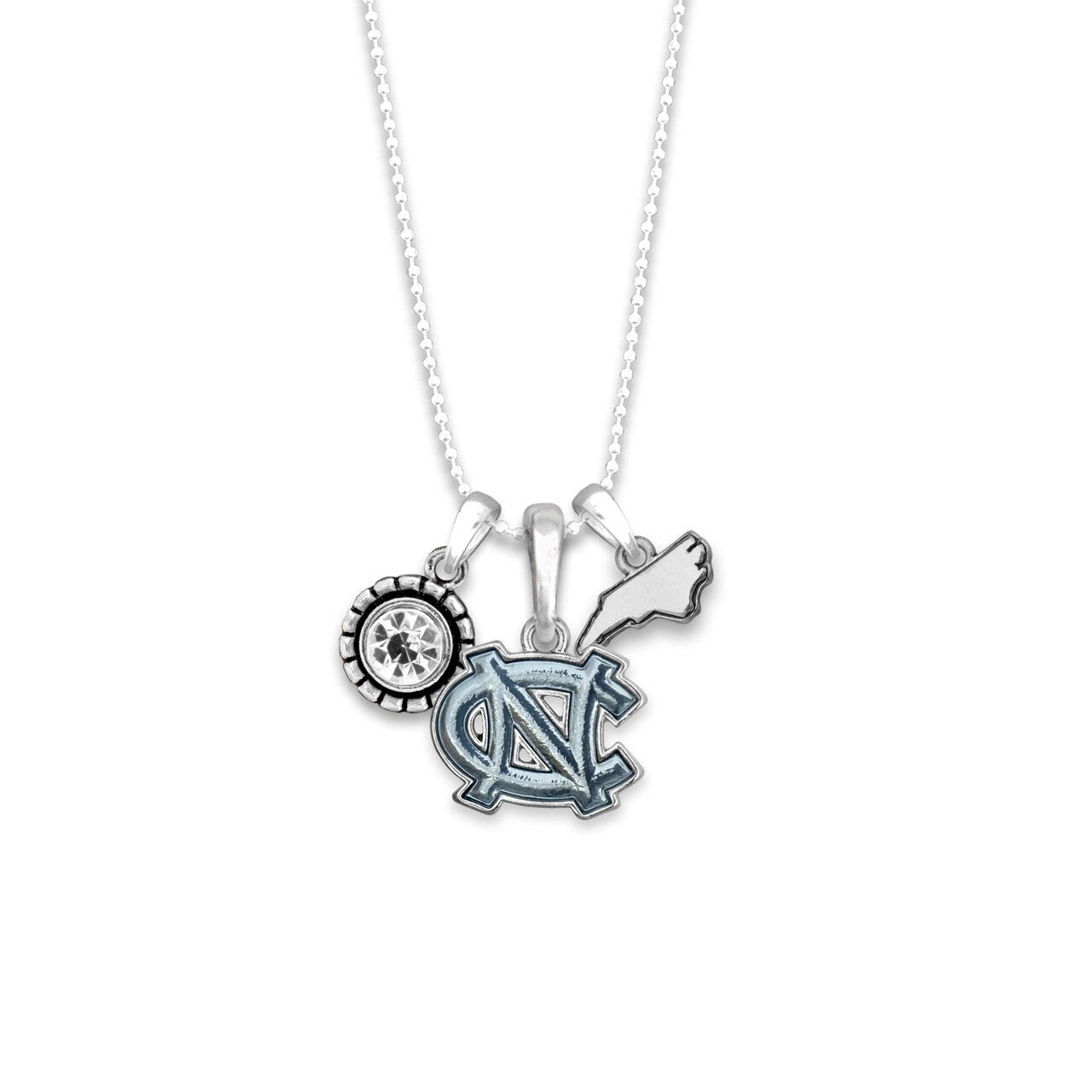 Officially Licensed NORTH CAROLINA Tar Heels Necklace - Triple Charm Necklace Crystal North Carolina State Pewter Charms Sterling Plated