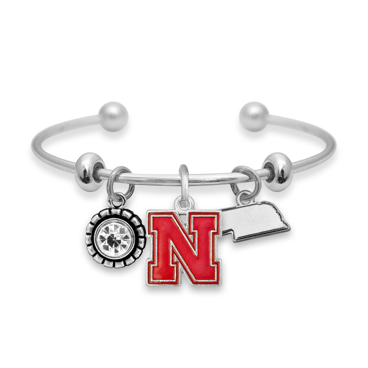 Officially Licensed NEBRASKA CORNHUSKERS Bracelet - Triple Charm Bracelet with Crystal Nebraska State Pewter Charms Sterling Plated