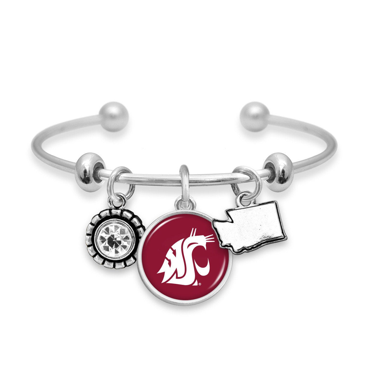 Officially Licensed WASHINGTON STATE COUGARS Bracelet - Triple Charm Bracelet with Crystal Washington State Pewter Charms Sterling Plated
