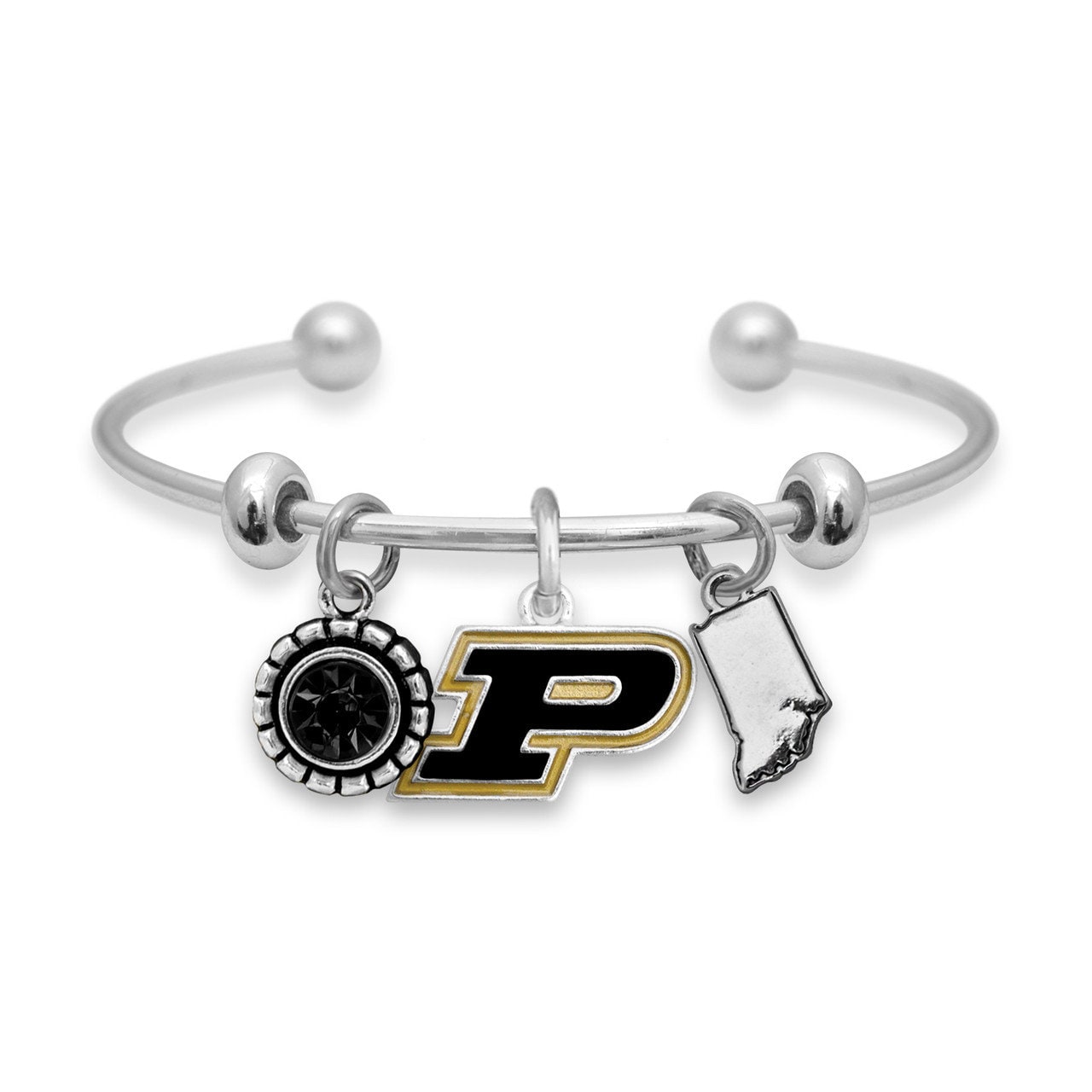 Officially Licensed PURDUE BOILERMAKERS Bracelet - Triple Charm Bracelet with Crystal Indiana State Pewter Charms Sterling Plated