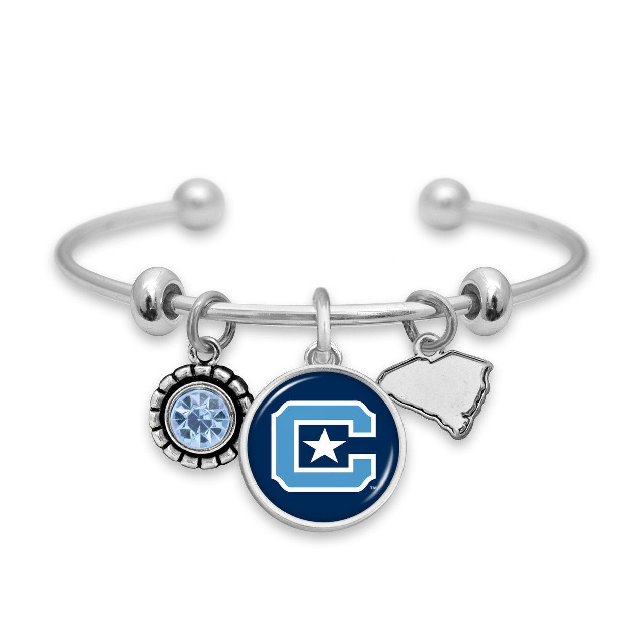 Officially Licensed THE CITADEL BULLDOGS Bracelet - Triple Charm Bracelet with Crystal South Carolina State Pewter Charms Sterling Plated