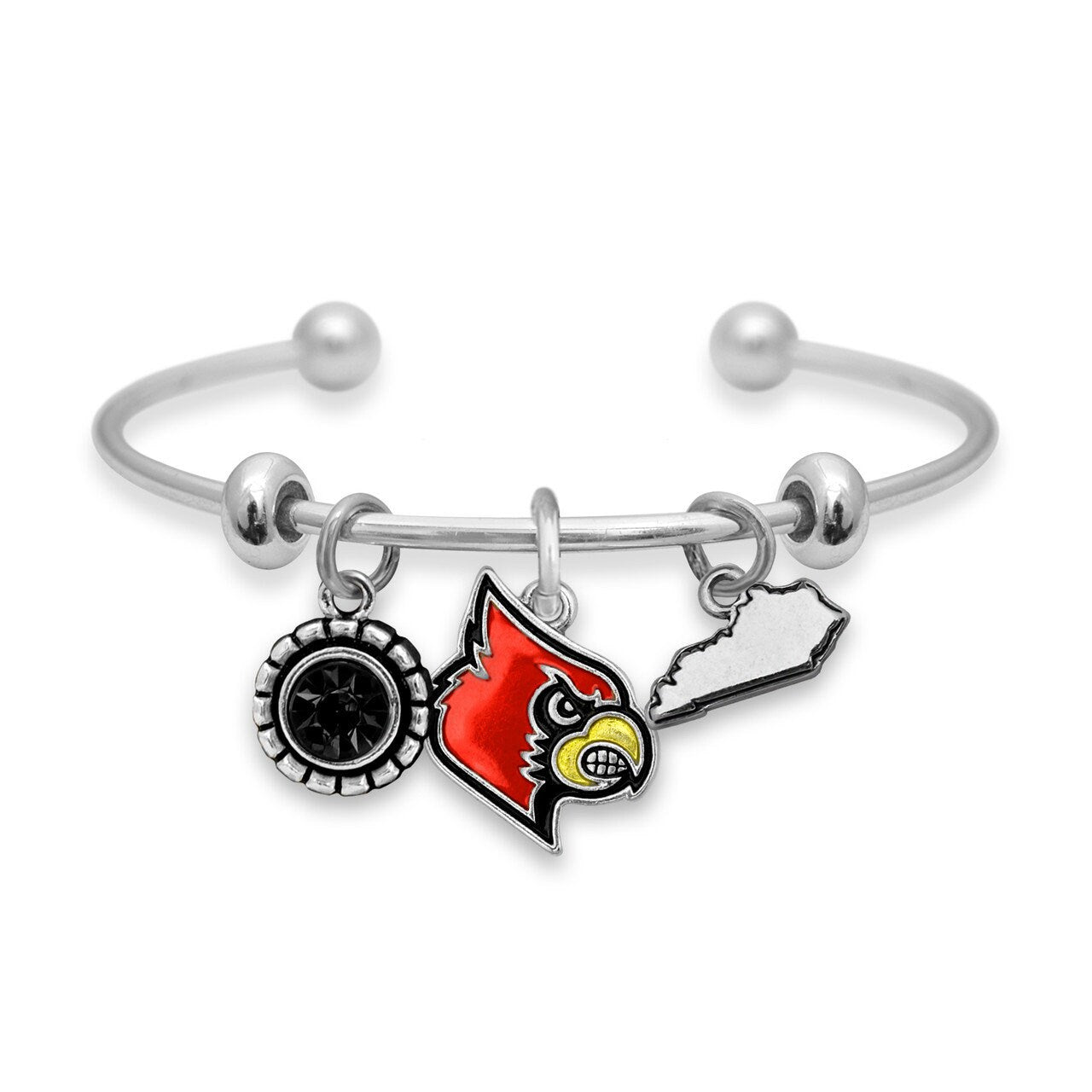 Officially Licensed LOUISVILLE CARDINALS Bracelet - Triple Charm Bracelet with Crystal Kentucky State Pewter Charms Sterling Plated