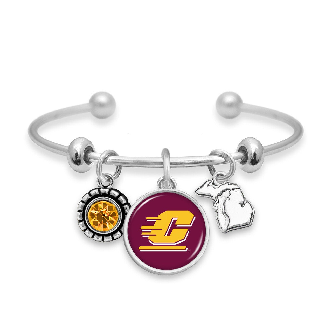 Officially Licensed CENTRAL MICHIGAN CHIPPEWAS Bracelet - Triple Charm Bracelet with Crystal Michigan State Pewter Charms Sterling Plated