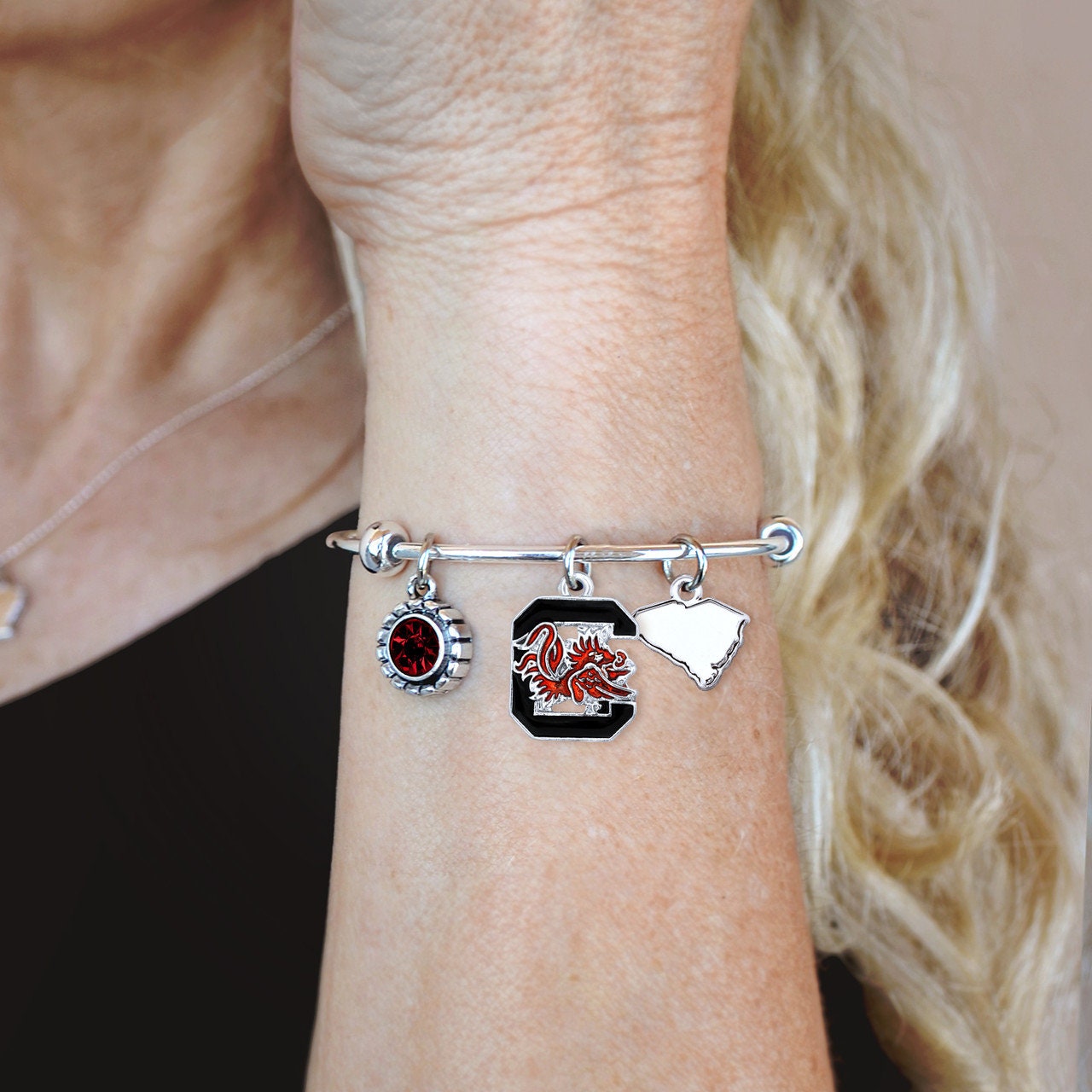 Officially Licensed SOUTH CAROLINA GAMECOCKS Bracelet - Triple Charm Bracelet Crystal South Carolina State Pewter Charms Sterling Plated