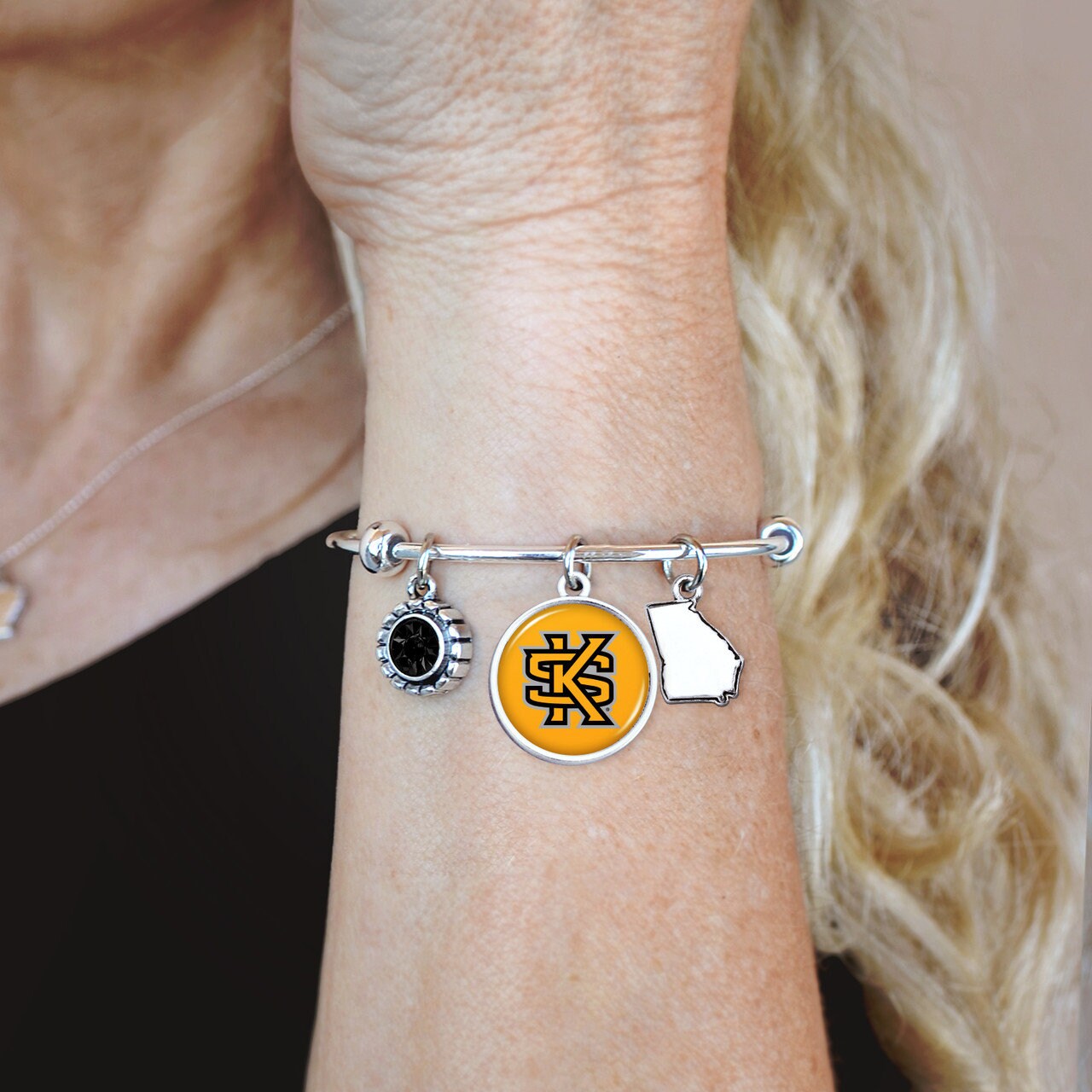 Officially Licensed KENNESAW STATE OWLS Bracelet - Triple Charm Bracelet with Crystal Georgia State Pewter Charms Sterling Plated
