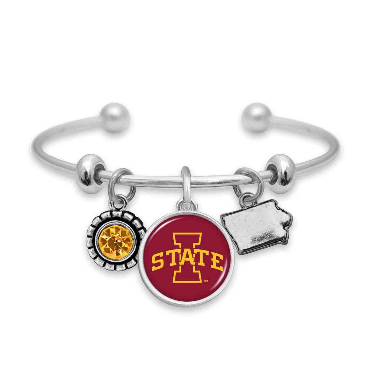 Officially Licensed IOWA CYCLONES Bracelet - Triple Charm Bracelet with Crystal Iowa State Pewter Charms Sterling Plated