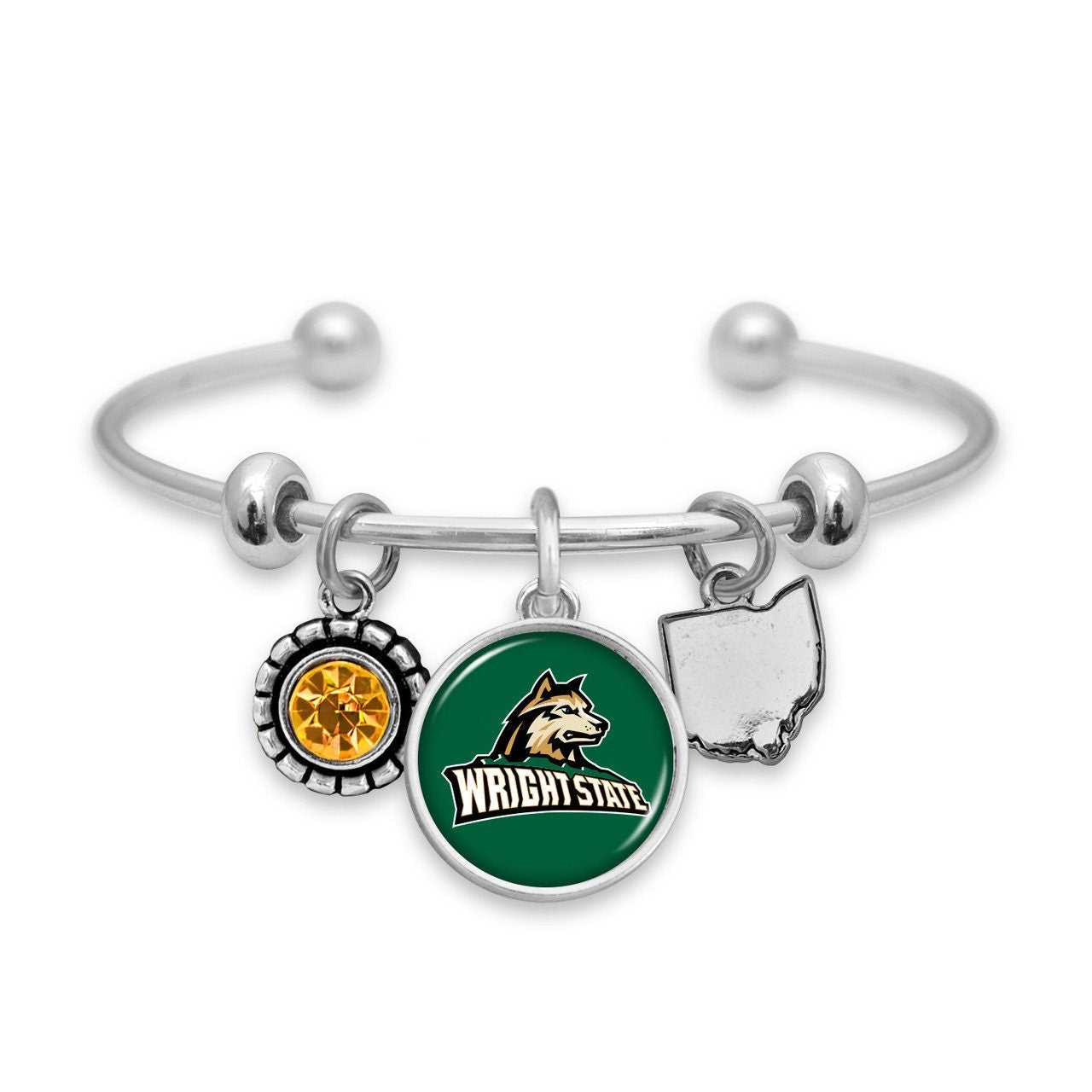 Officially Licensed WRIGHT STATE RAIDERS Bracelet - Triple Charm Bracelet with Crystal Ohio State Pewter Charms Sterling Plated