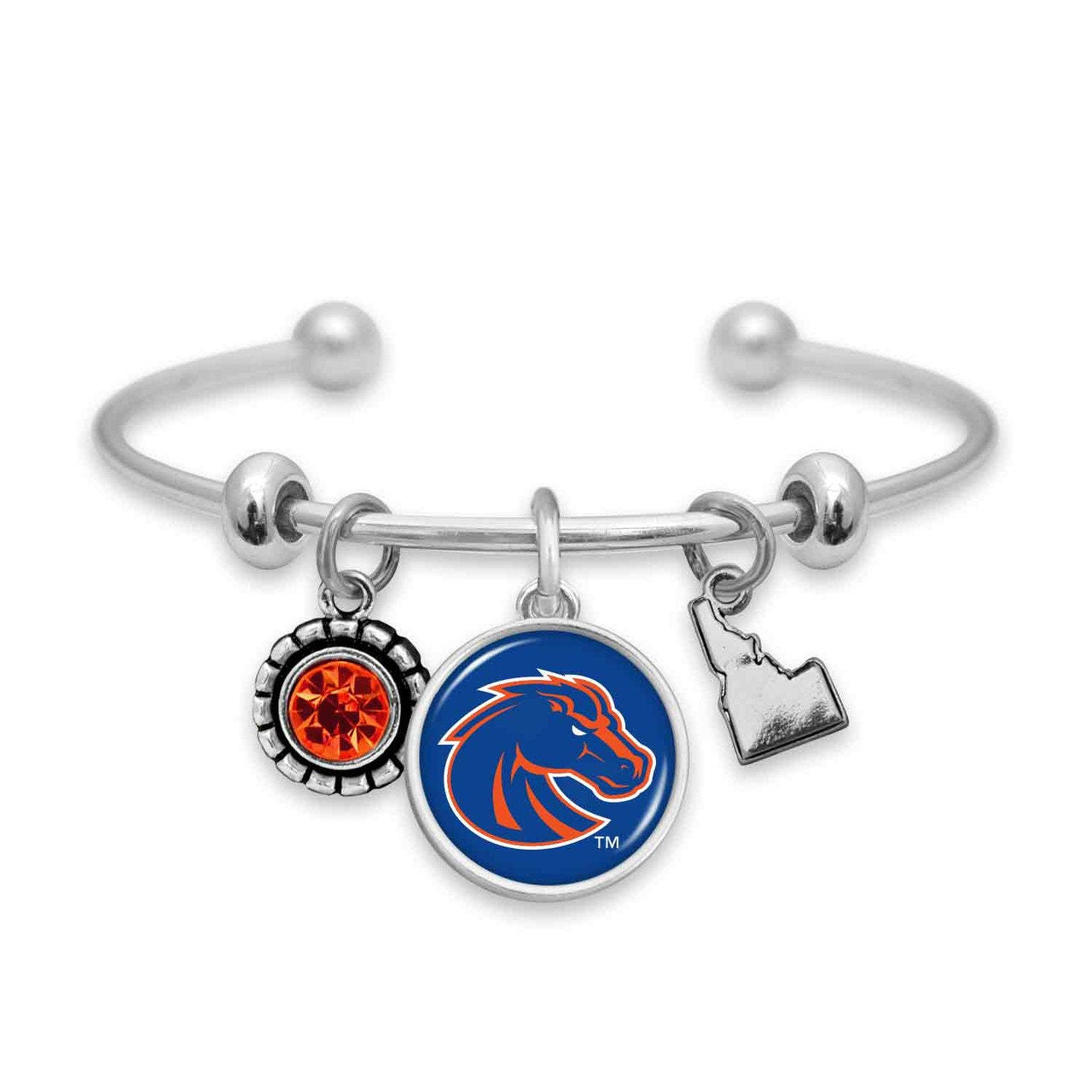 Officially Licensed BOISE STATE BRONCOS Bracelet - Triple Charm Bracelet with Crystal Idaho State Pewter Charms Sterling Plated
