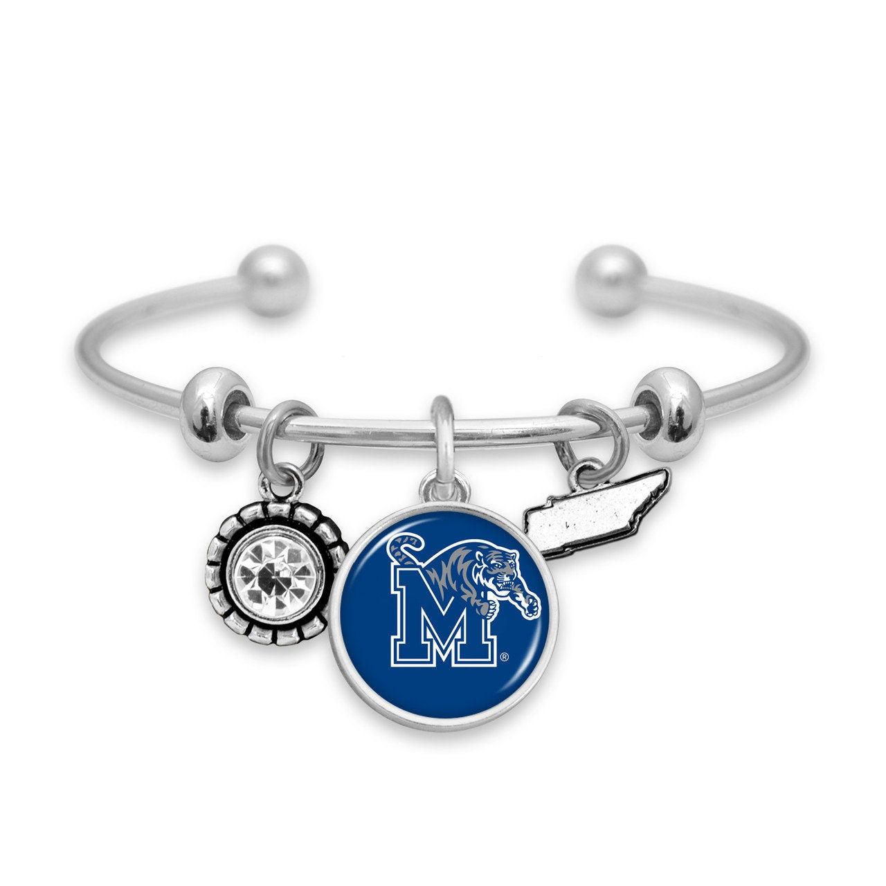 Officially Licensed MEMPHIS TIGERS Bracelet - Triple Charm Bracelet with Crystal Tennessee State Pewter Charms Sterling Plated