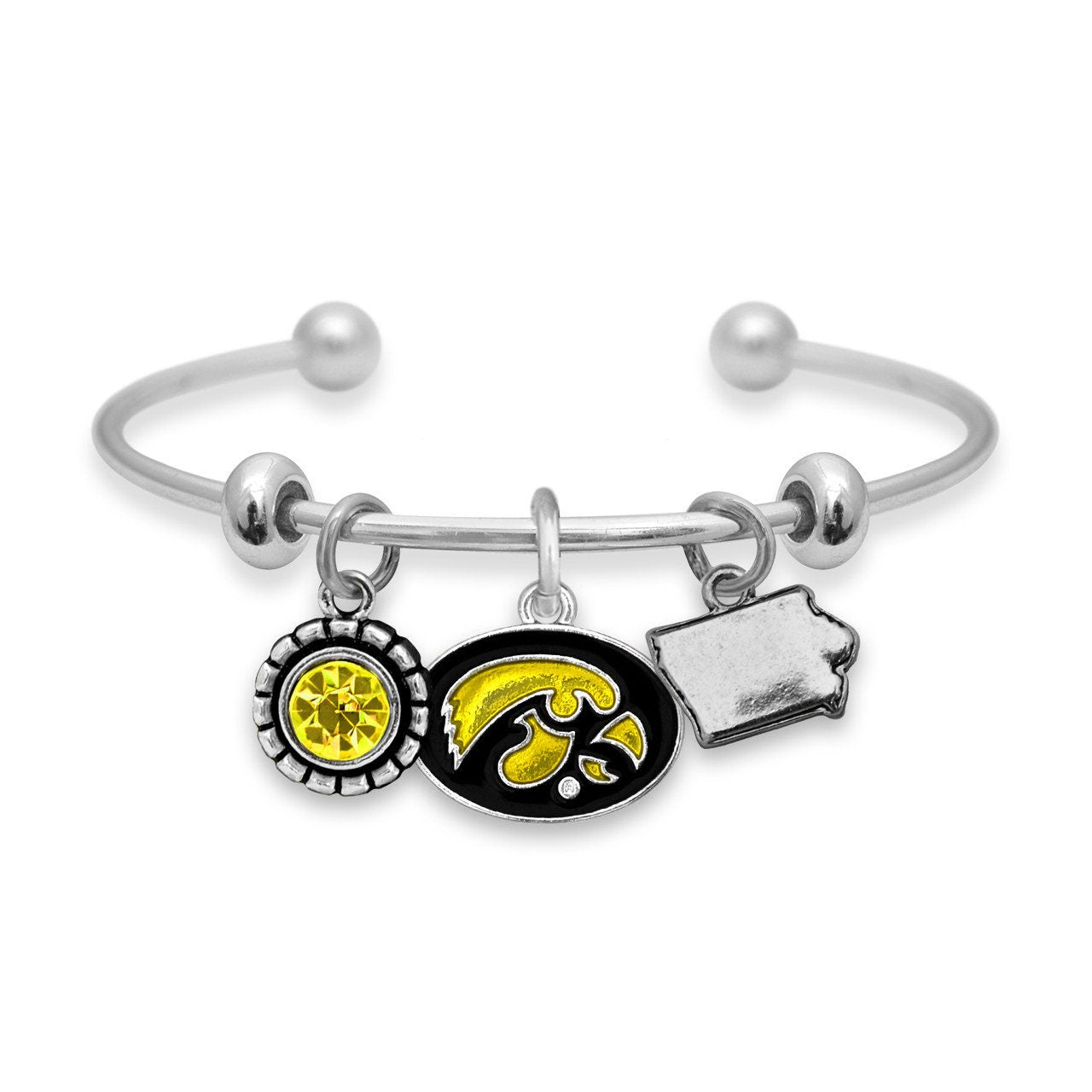Officially Licensed IOWA HAWKEYES Bracelet - Triple Charm Bracelet with Crystal Iowa State Pewter Charms Sterling Plated