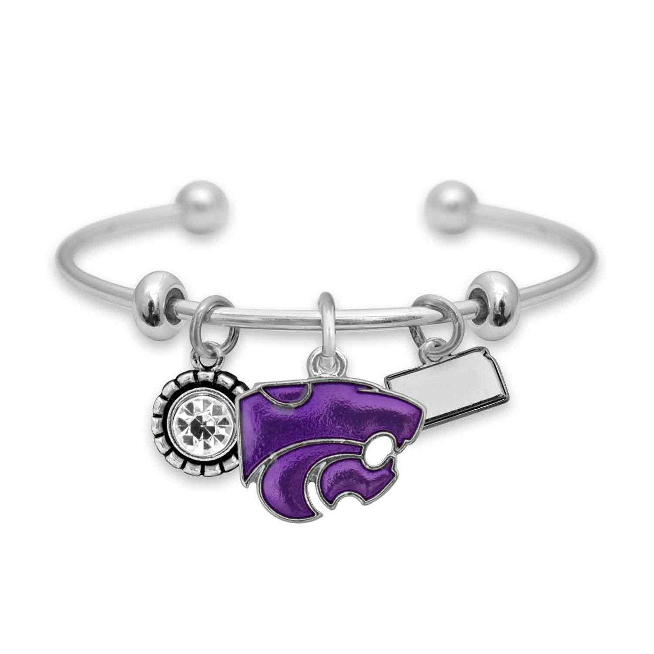 Officially Licensed KANSAS STATE WILDCATS Bracelet - Triple Charm Bracelet with Crystal Kansas State Pewter Charms Sterling Plated