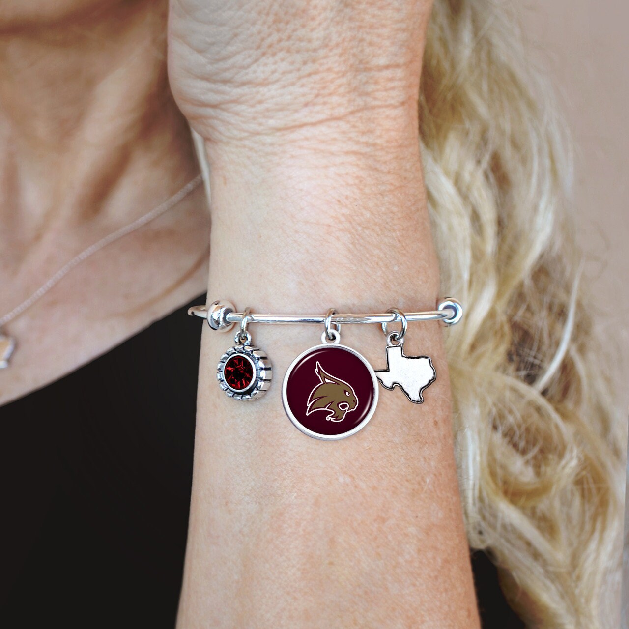 Officially Licensed TEXAS STATE BOBCATS Bracelet - Triple Charm Bracelet with Crystal Texas State Pewter Charms Sterling Plated