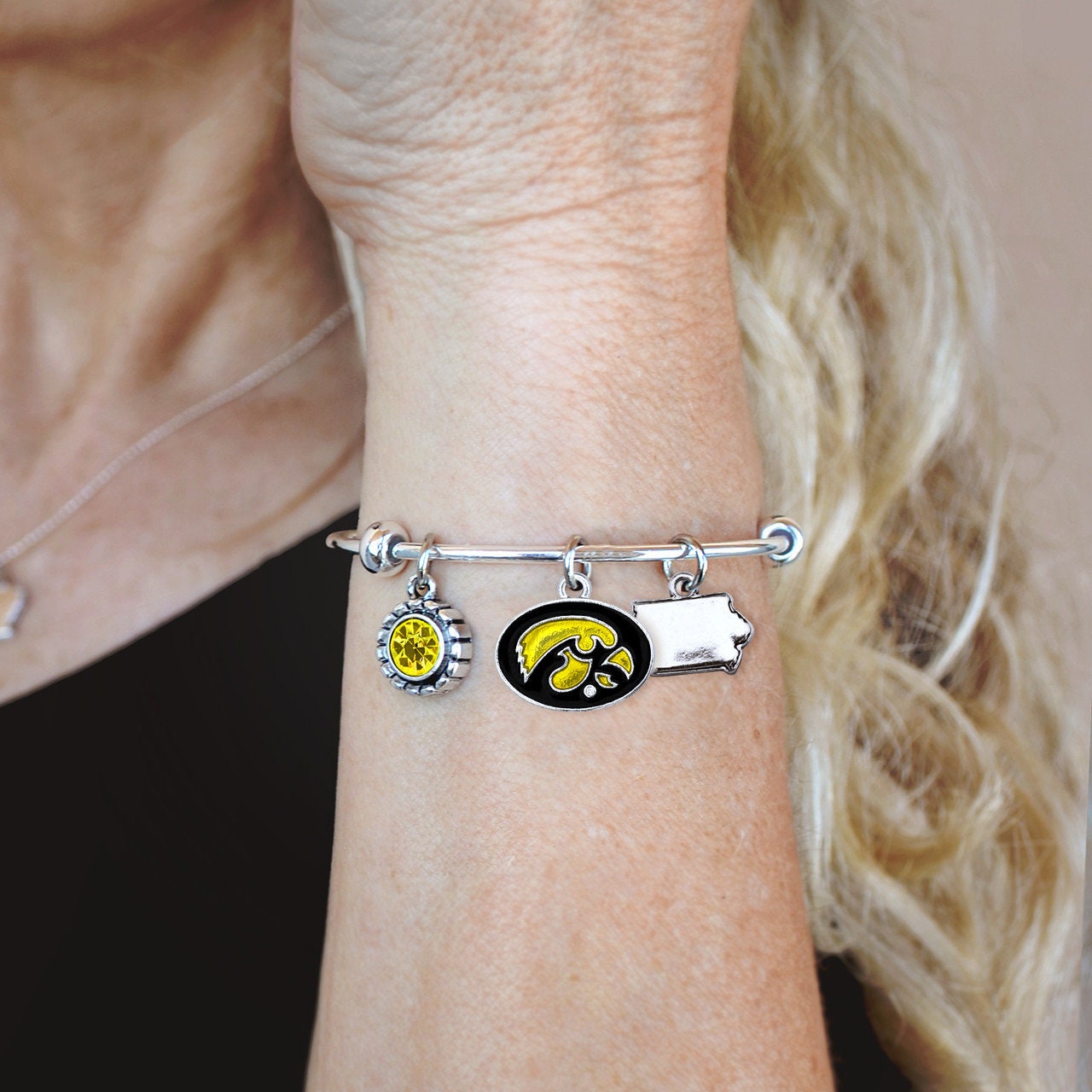 Officially Licensed IOWA HAWKEYES Bracelet - Triple Charm Bracelet with Crystal Iowa State Pewter Charms Sterling Plated