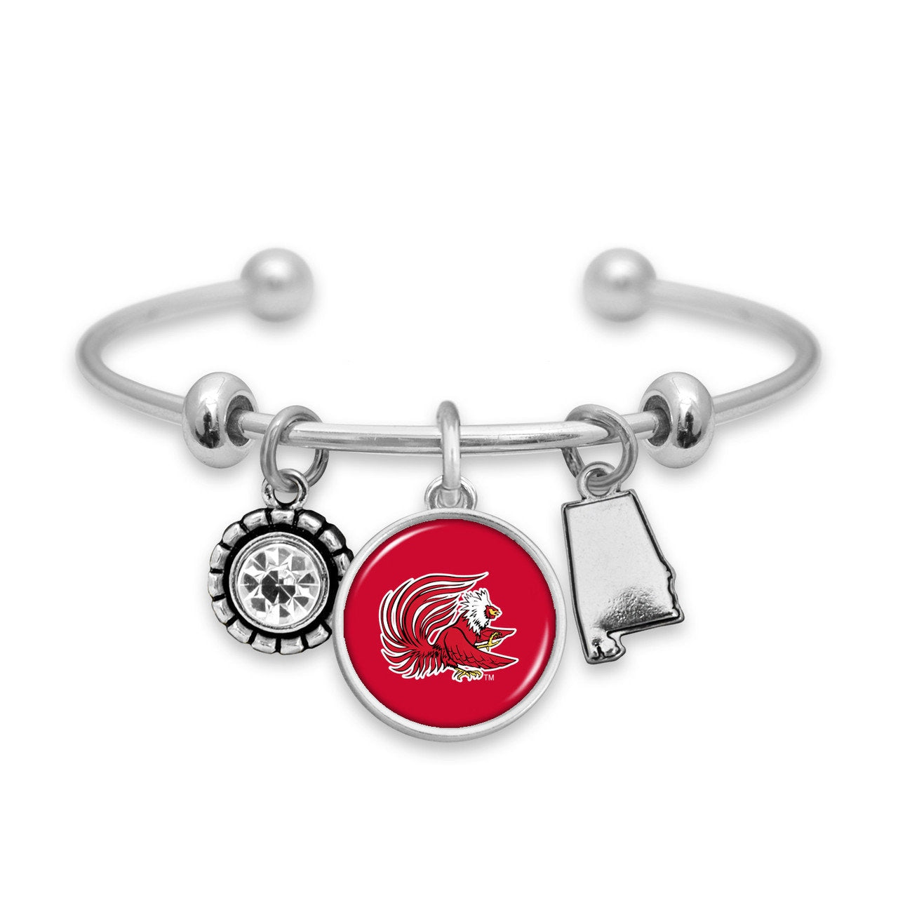 Officially Licensed JACKSONVILLE STATE GAMECOCKS Bracelet - Triple Charm Bracelet with Crystal Alabama State Pewter Charms Sterling Plated