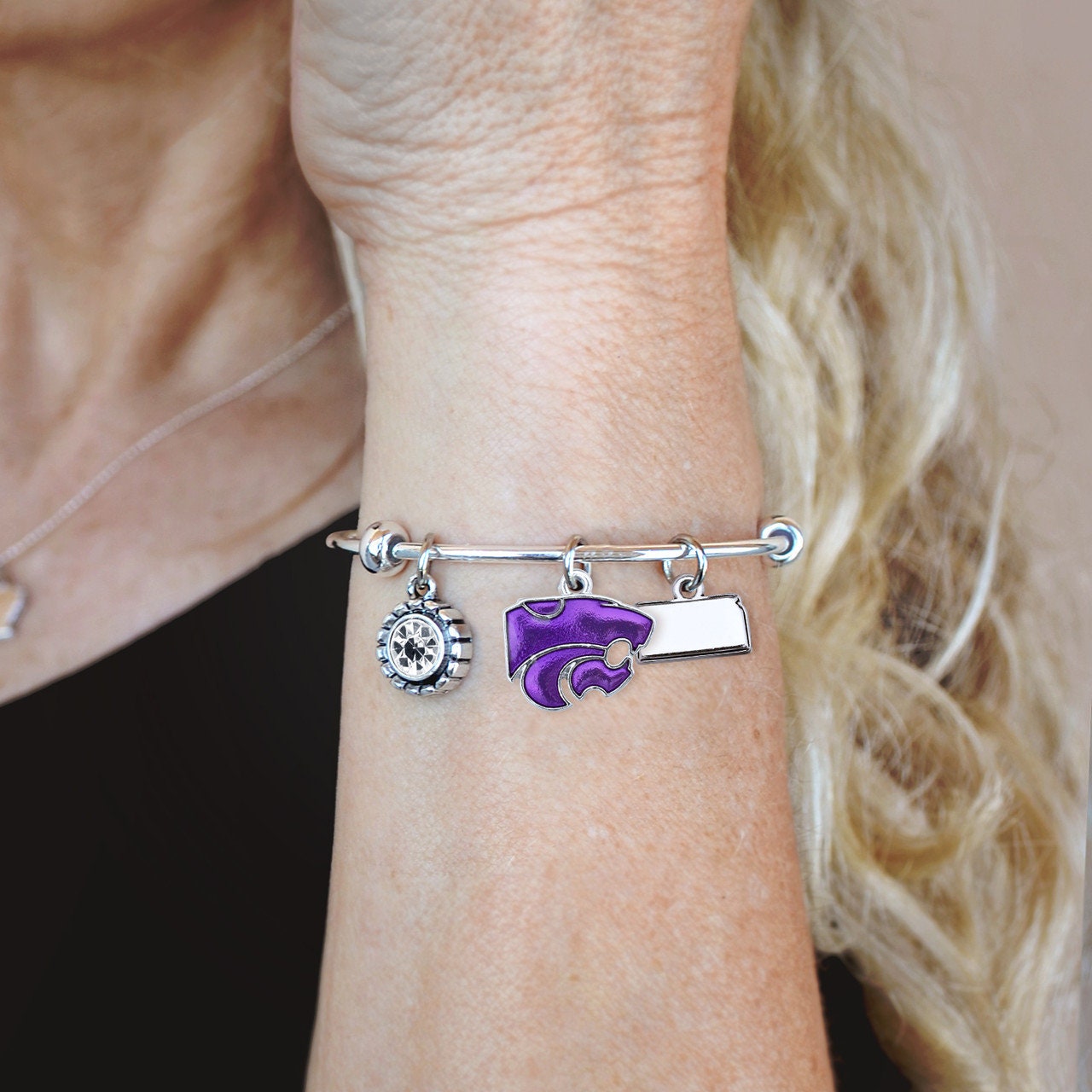 Officially Licensed KANSAS STATE WILDCATS Bracelet - Triple Charm Bracelet with Crystal Kansas State Pewter Charms Sterling Plated