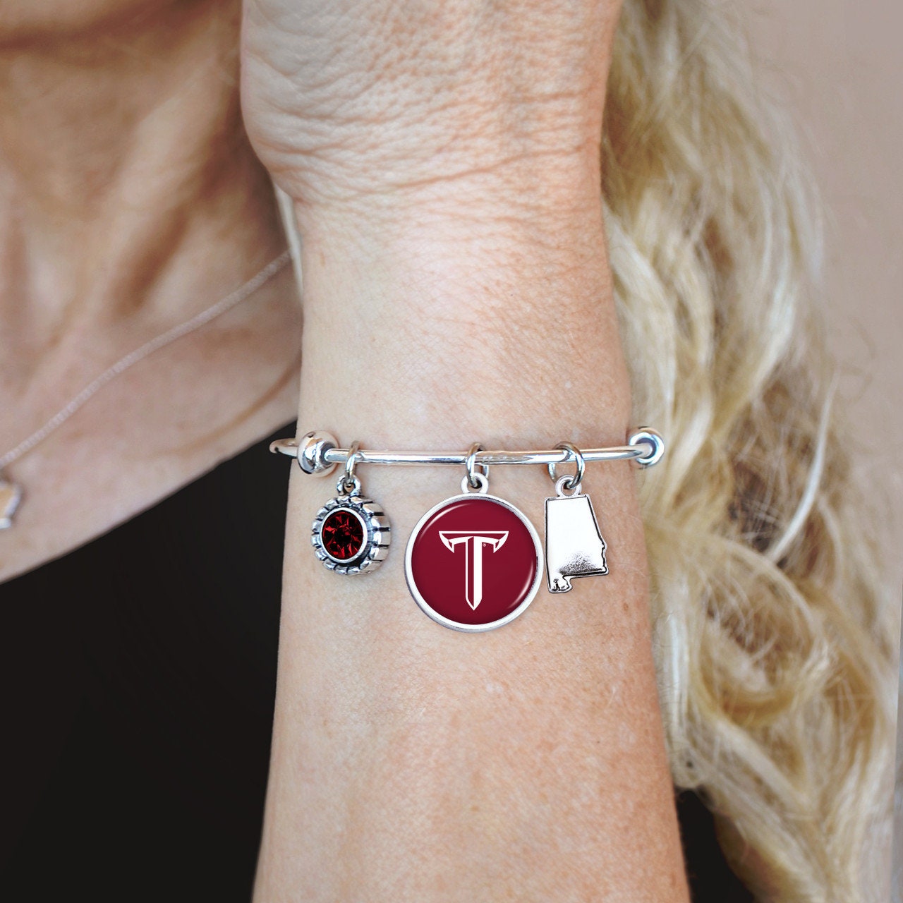 Officially Licensed TROY TROJANS Bracelet - Triple Charm Bracelet with Crystal Alabama State Pewter Charms Sterling Plated