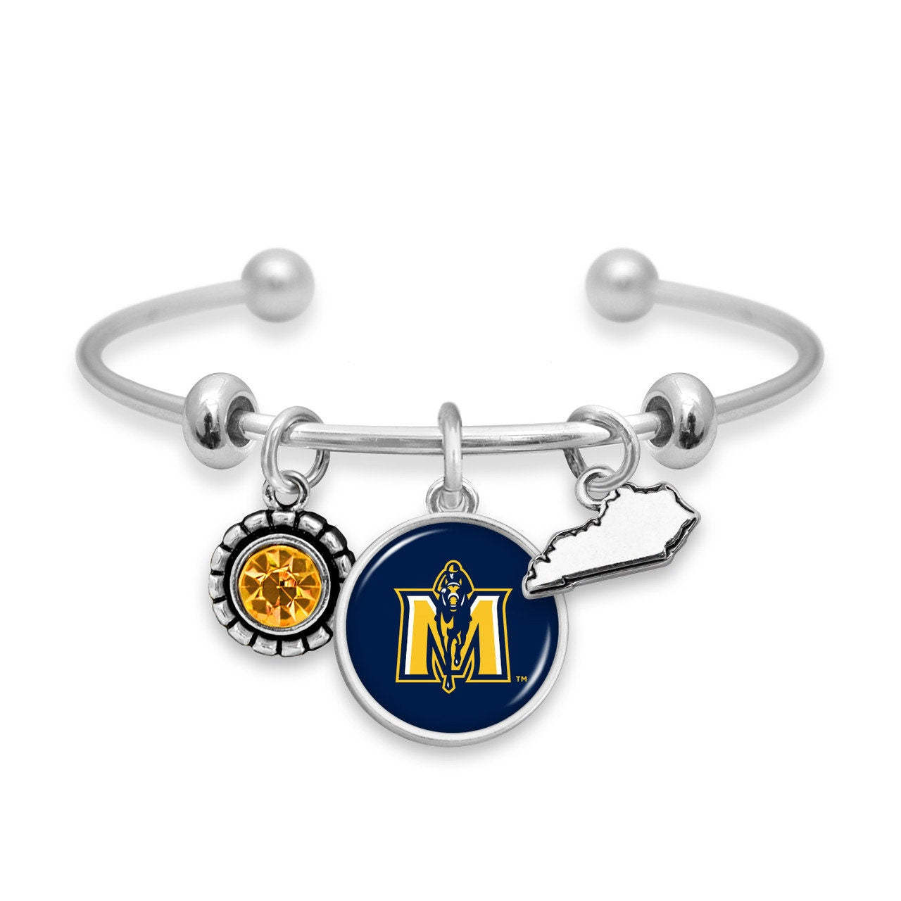 Officially Licensed MURRAY STATE RACERS Bracelet - Triple Charm Bracelet with Crystal Indiana State Pewter Charms Sterling Plated