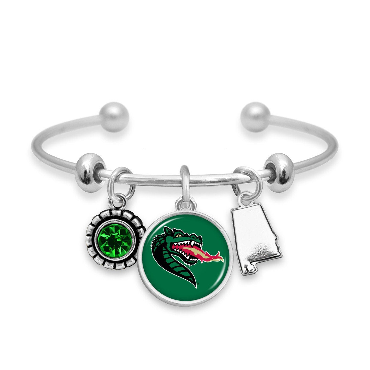 Officially Licensed ALABAMA BIRMINGHAM BLAZERS Bracelet - Triple Charm Bracelet with Crystal Alabama State Pewter Charms Sterling Plated