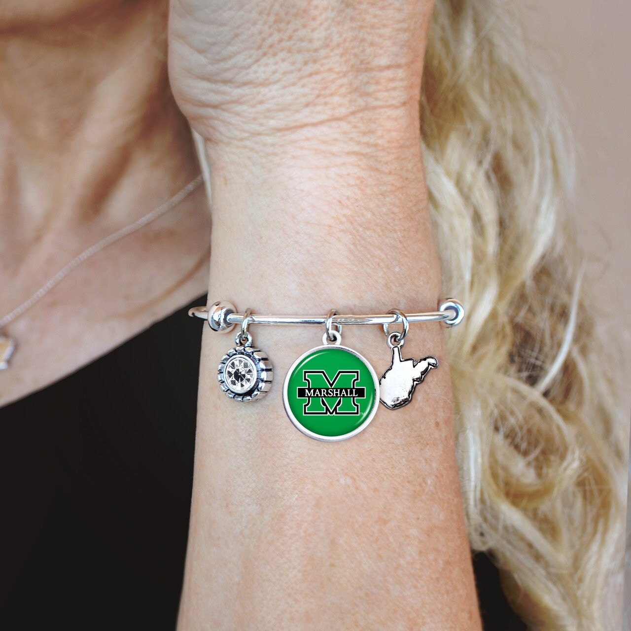 Officially Licensed MARSHALL THUNDERING HERD Bracelet - Triple Charm Bracelet with Crystal West Virginia State Pewter Charms Sterling Plated