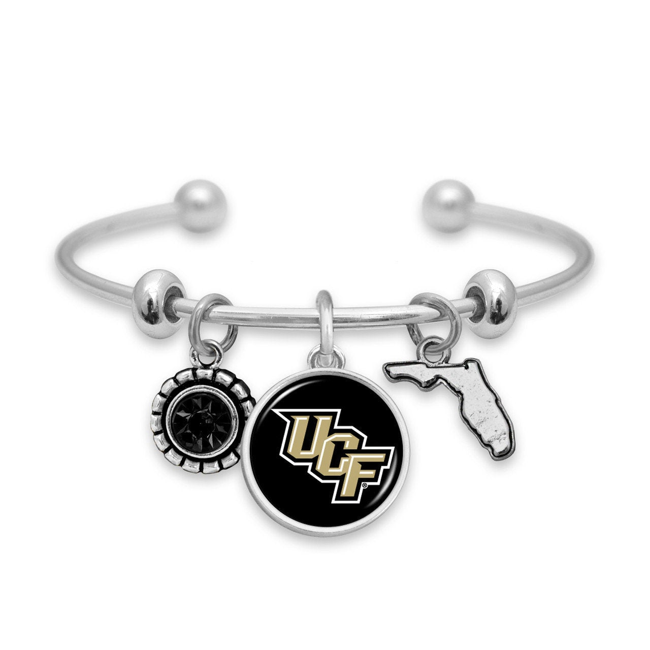 Officially Licensed CENTRAL FLORIDA KNIGHTS Bracelet - Triple Charm Bracelet with Crystal Florida State Pewter Charms Sterling Plated