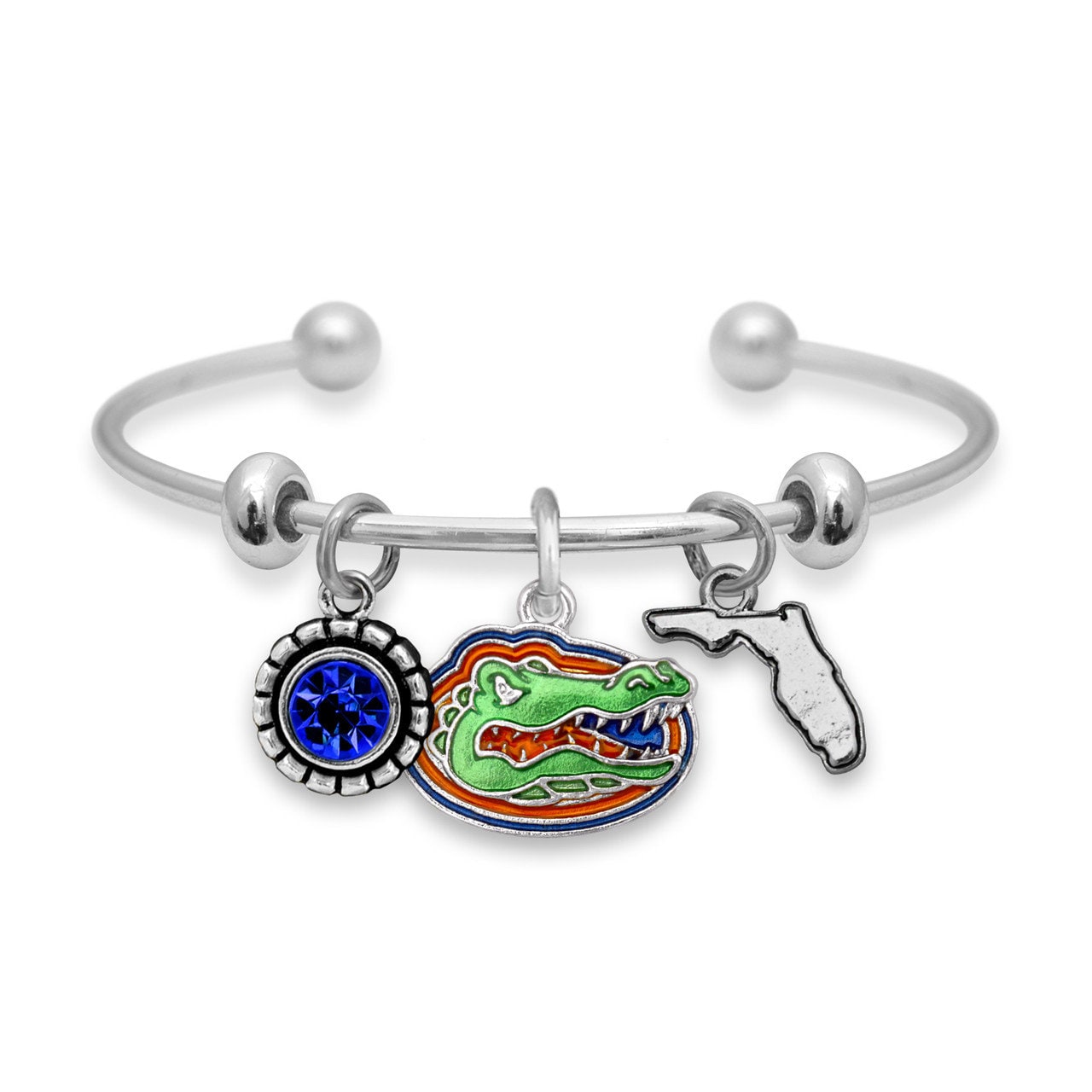 Officially Licensed FLORIDA GATORS Bracelet - Triple Charm Bracelet with Crystal Florida State Pewter Charms Sterling Plated