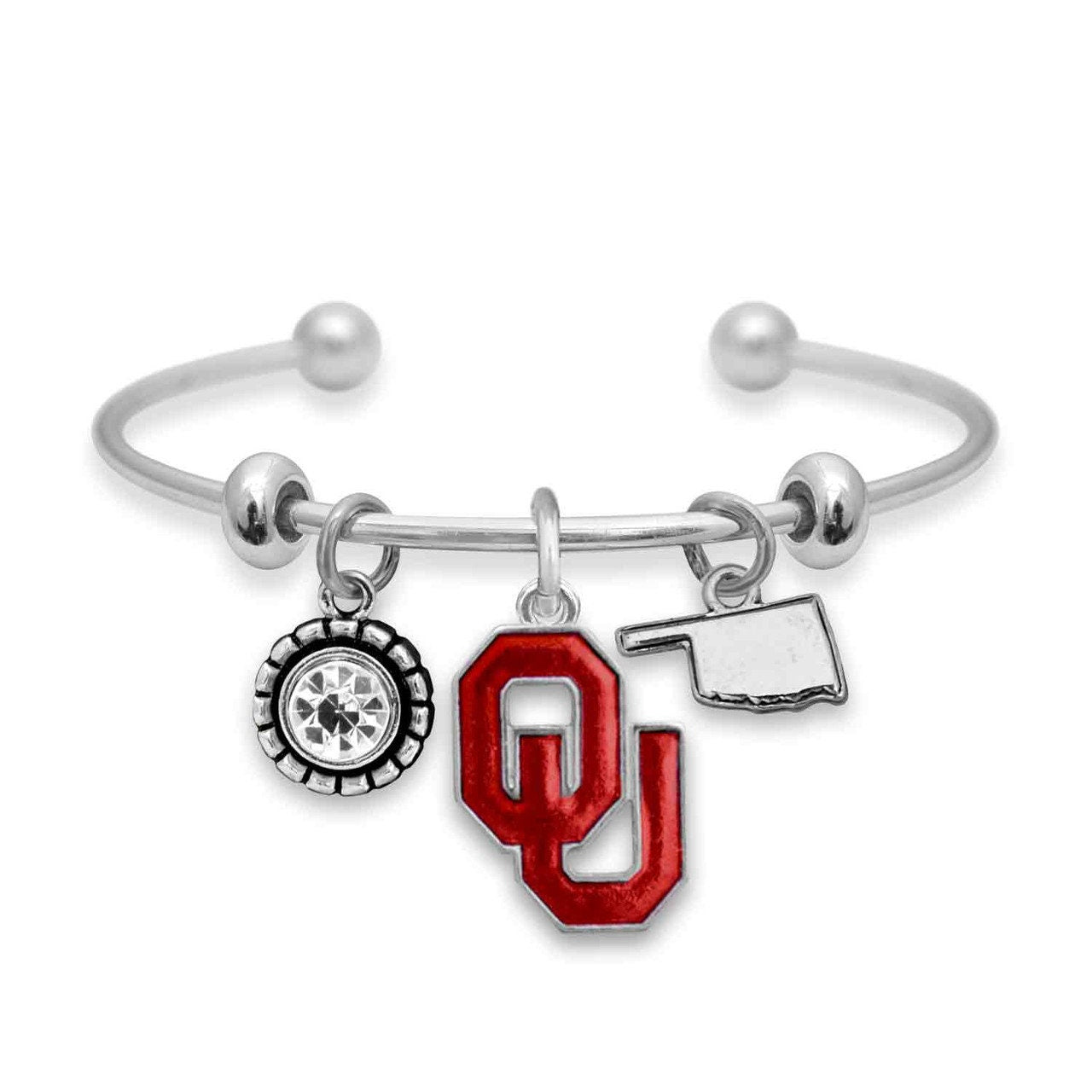 Officially Licensed OKLAHOMA SOONERS Bracelet - Triple Charm Bracelet with Crystal Oklahoma State Pewter Charms Sterling Plated
