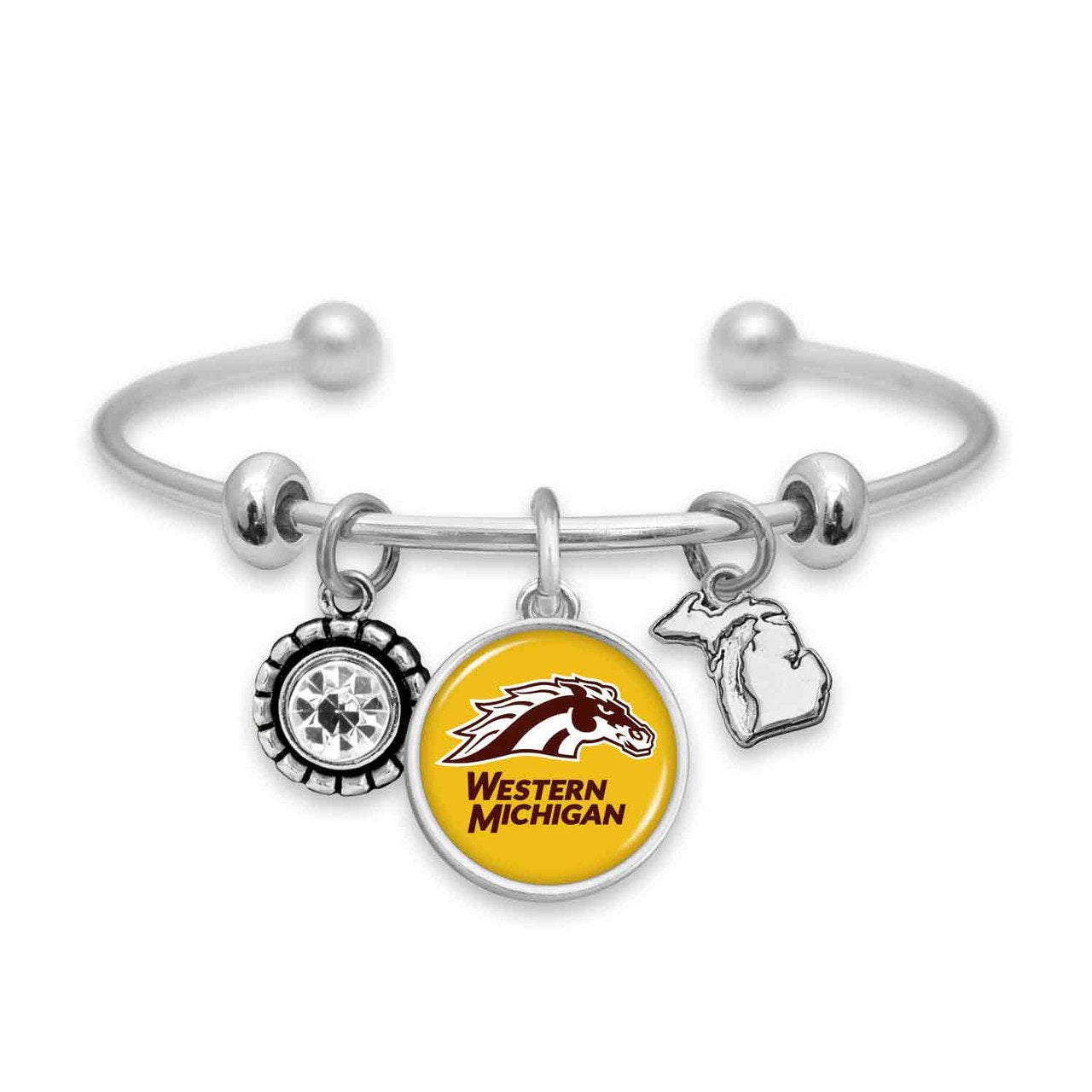 Officially Licensed WESTERN MICHIGAN Bracelet - Triple Charm Bracelet with Crystal Michigan State Pewter Charms Sterling Plated