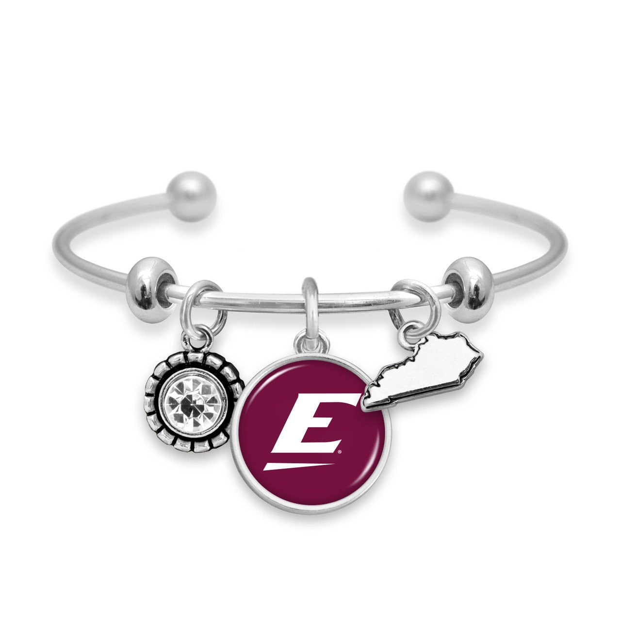 Officially Licensed EASTERN KENTUCKY COLONELS Bracelet - Triple Charm Bracelet with Crystal Kentucky State Pewter Charms Sterling Plated