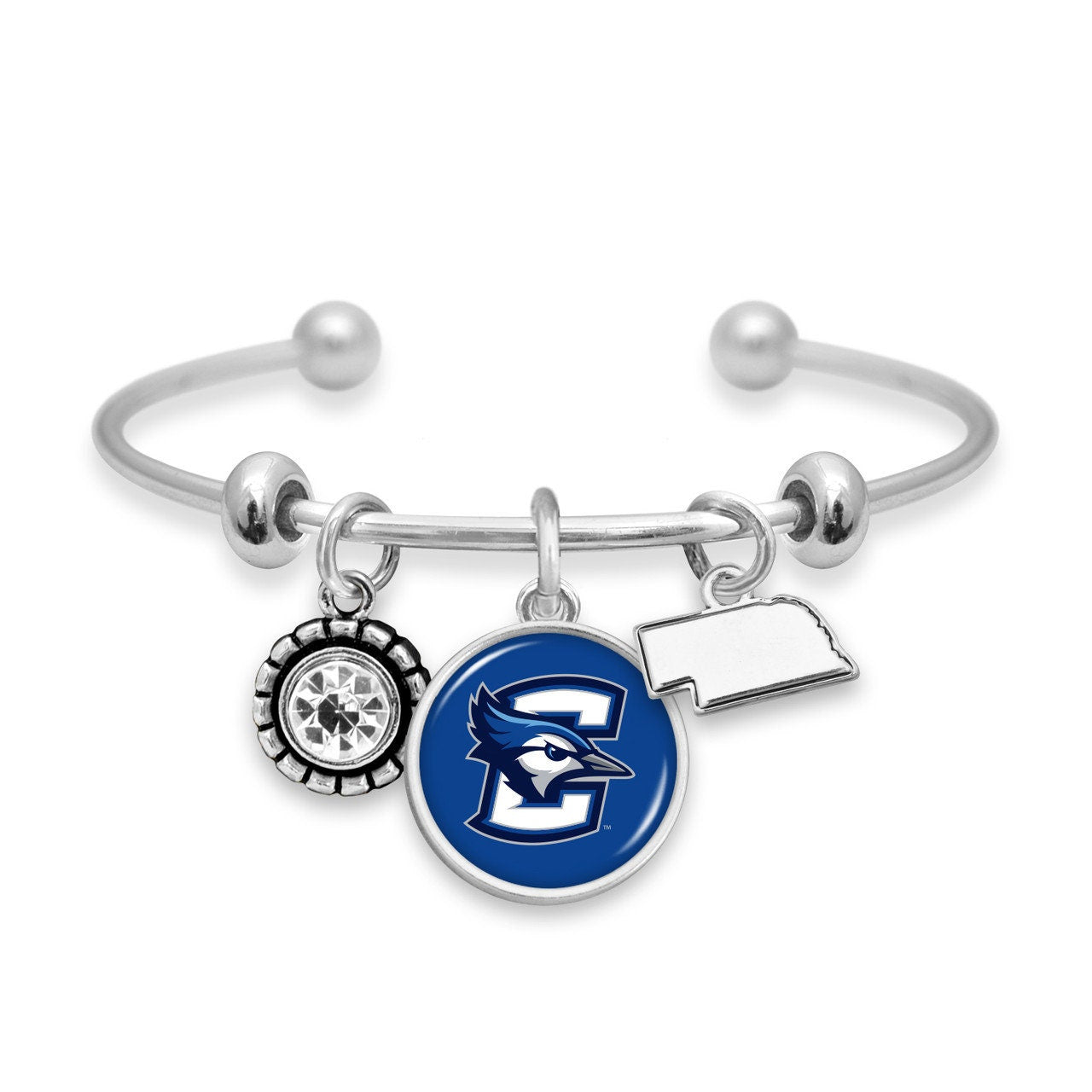 Officially Licensed CREIGHTON BLUEJAYS Bracelet - Triple Charm Bracelet with Crystal Nebraska State Pewter Charms Sterling Plated
