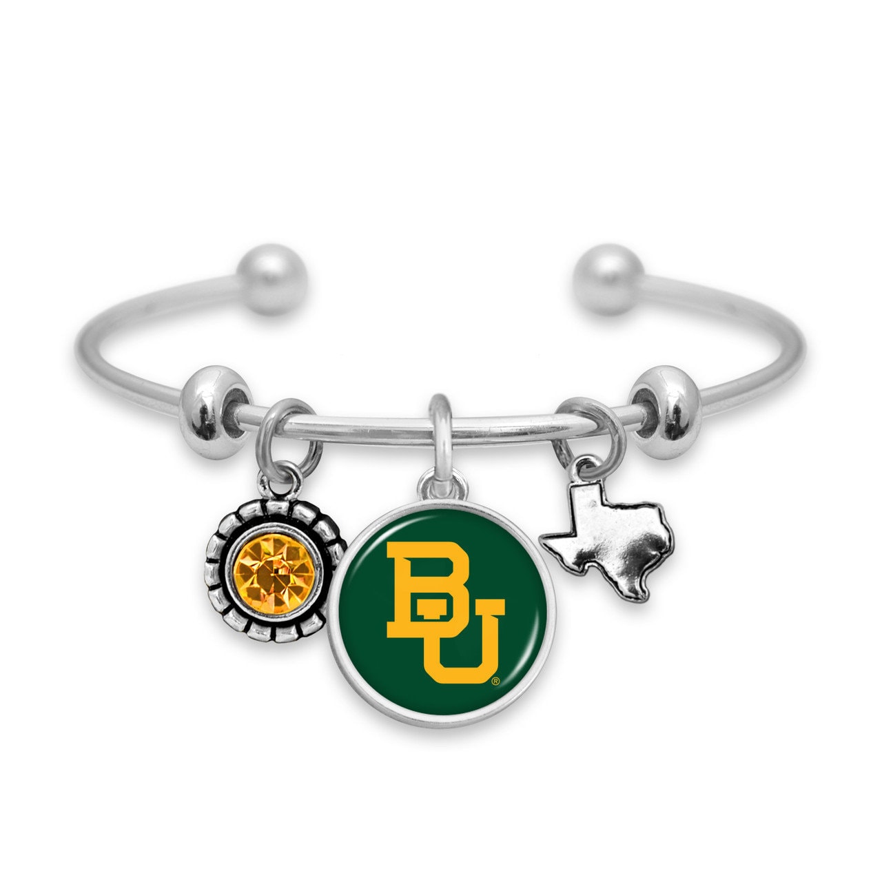 Officially Licensed BAYLOR BEARS Bracelet - Triple Charm Bracelet with Crystal Texas State Pewter Charms Sterling Plated