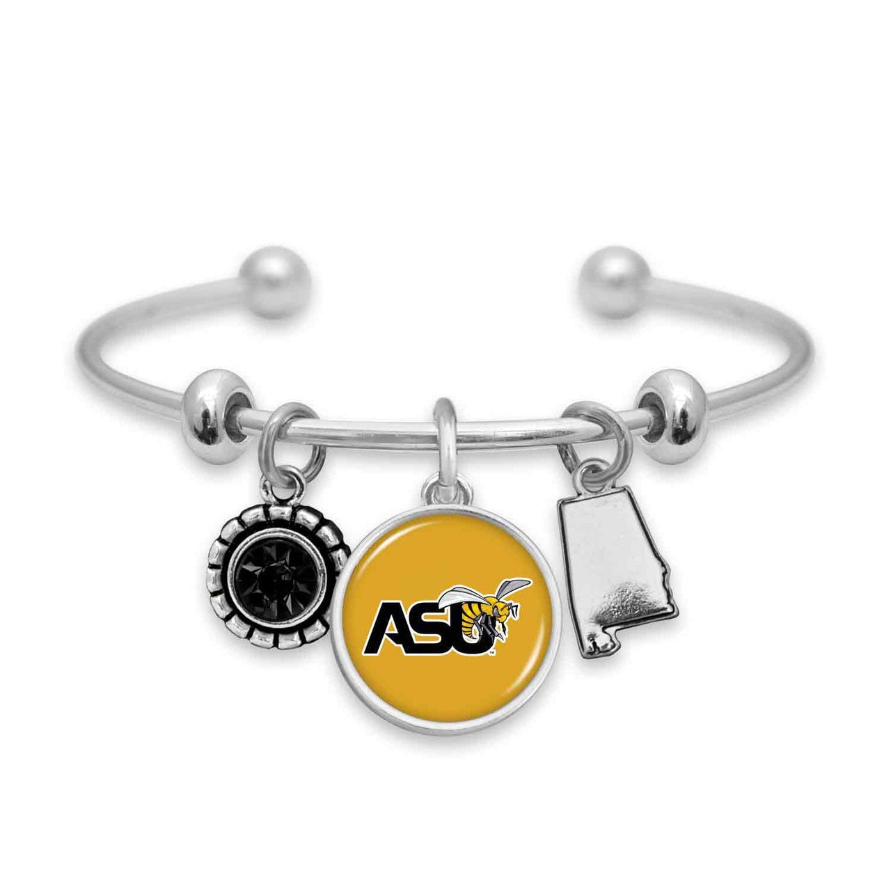 Officially Licensed ALABAMA HORNETS Bracelet - Triple Charm Bracelet with Crystal Alabama State Pewter Charms Sterling Plated
