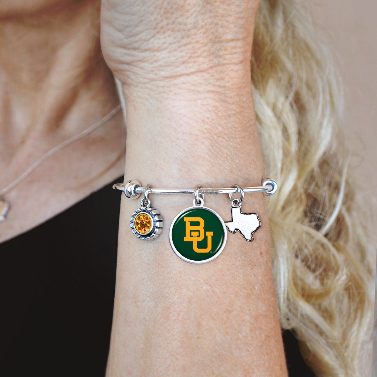 Officially Licensed BAYLOR BEARS Bracelet - Triple Charm Bracelet with Crystal Texas State Pewter Charms Sterling Plated